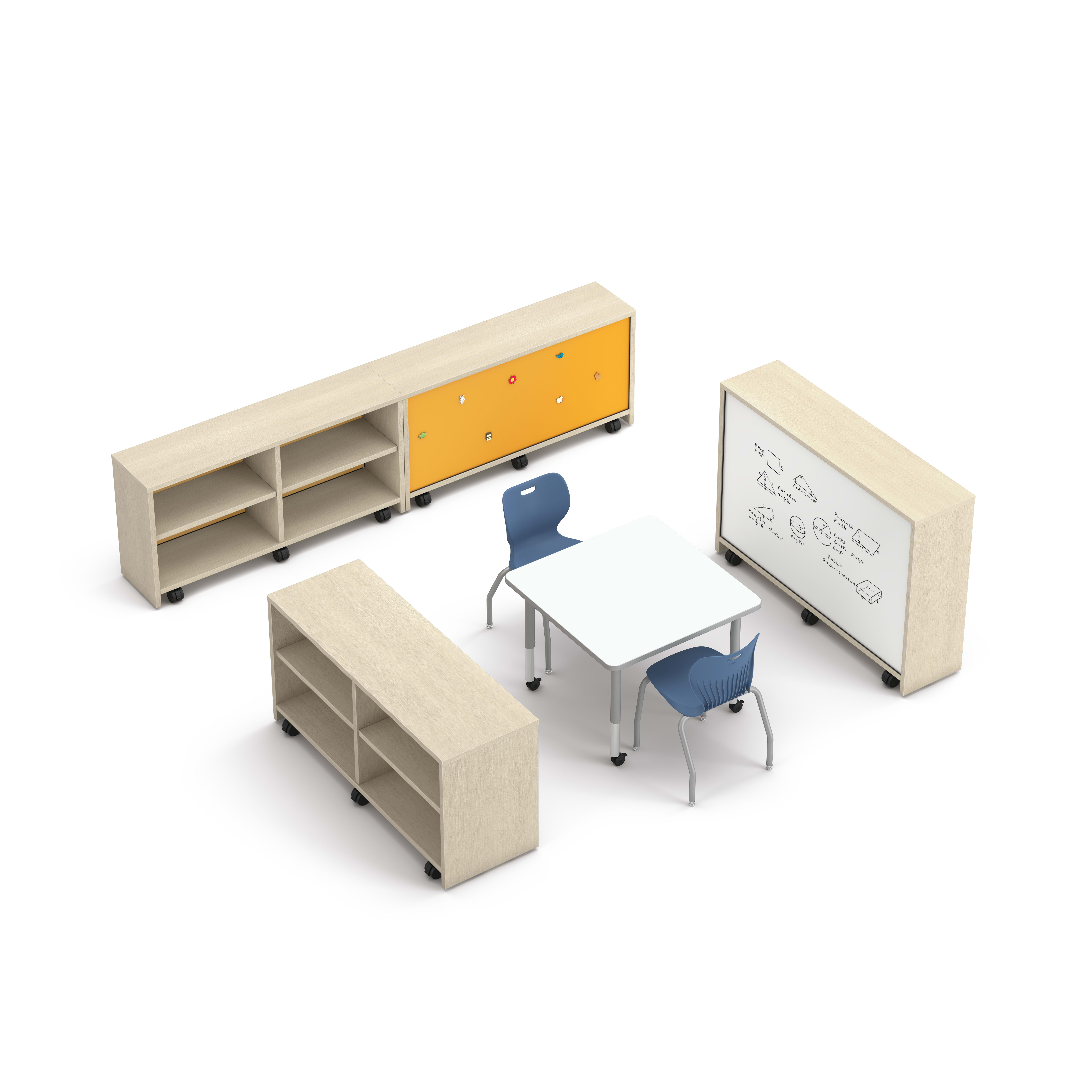 Storyline Bookcases in a Collaborative Setting. Build Table with Blue SmartLink Seating