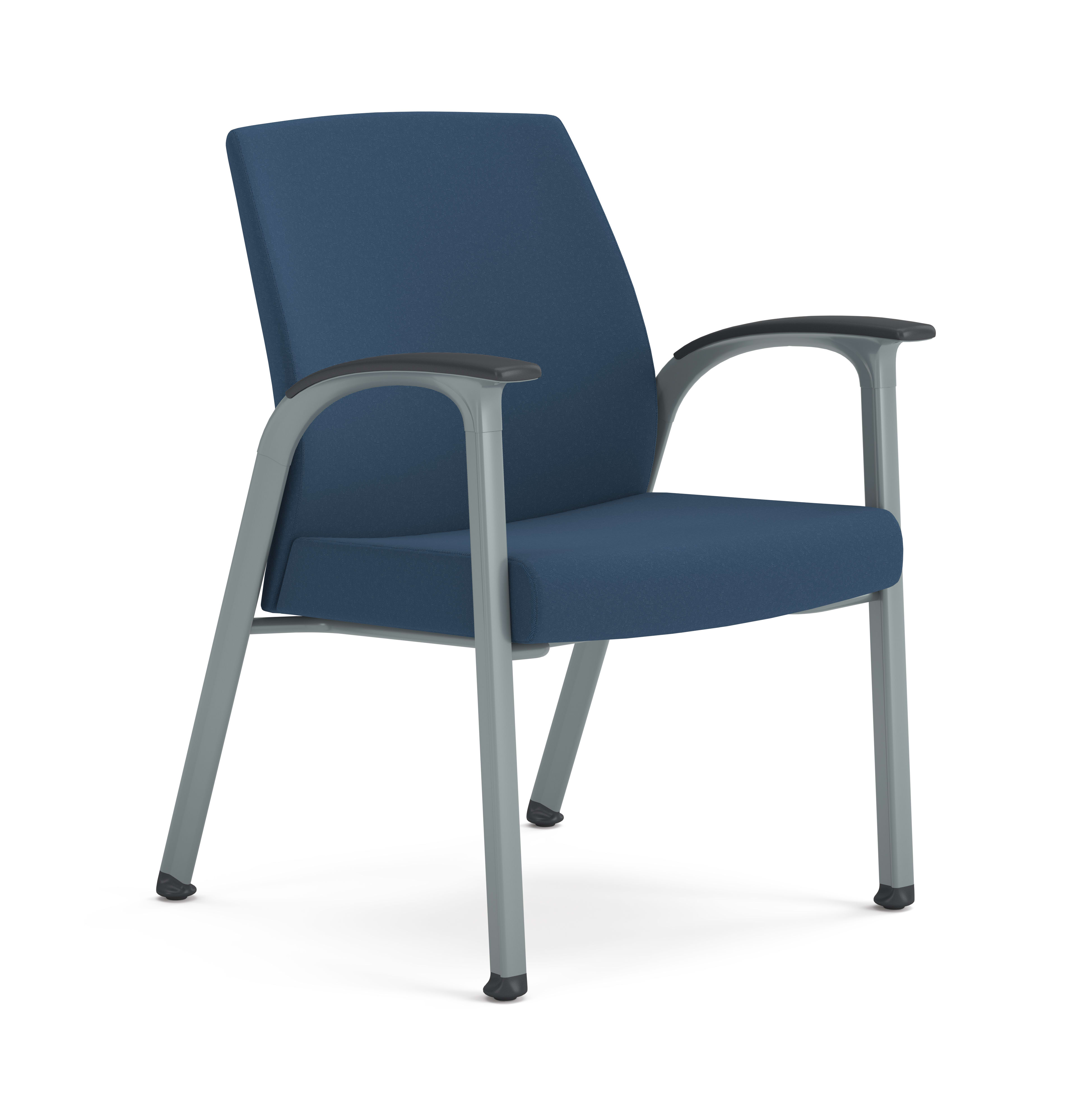 Blue cushioned guest chair with textured fabric, metal frame, and integrated armrests, designed for modern office or waiting areas.
