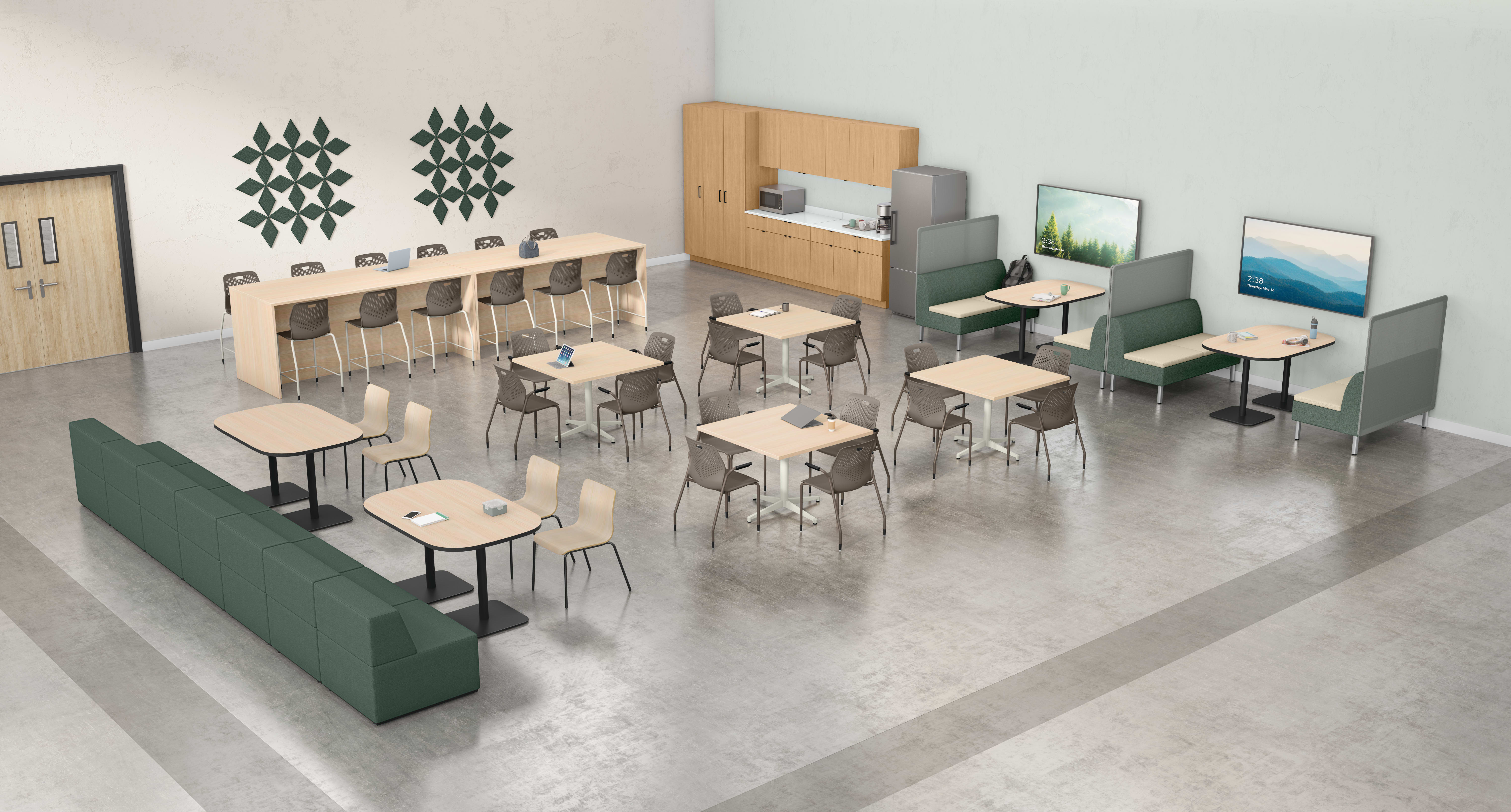 Teacher's lounge with brown Etch chairs, Tangram soft seating, and Astir booths.