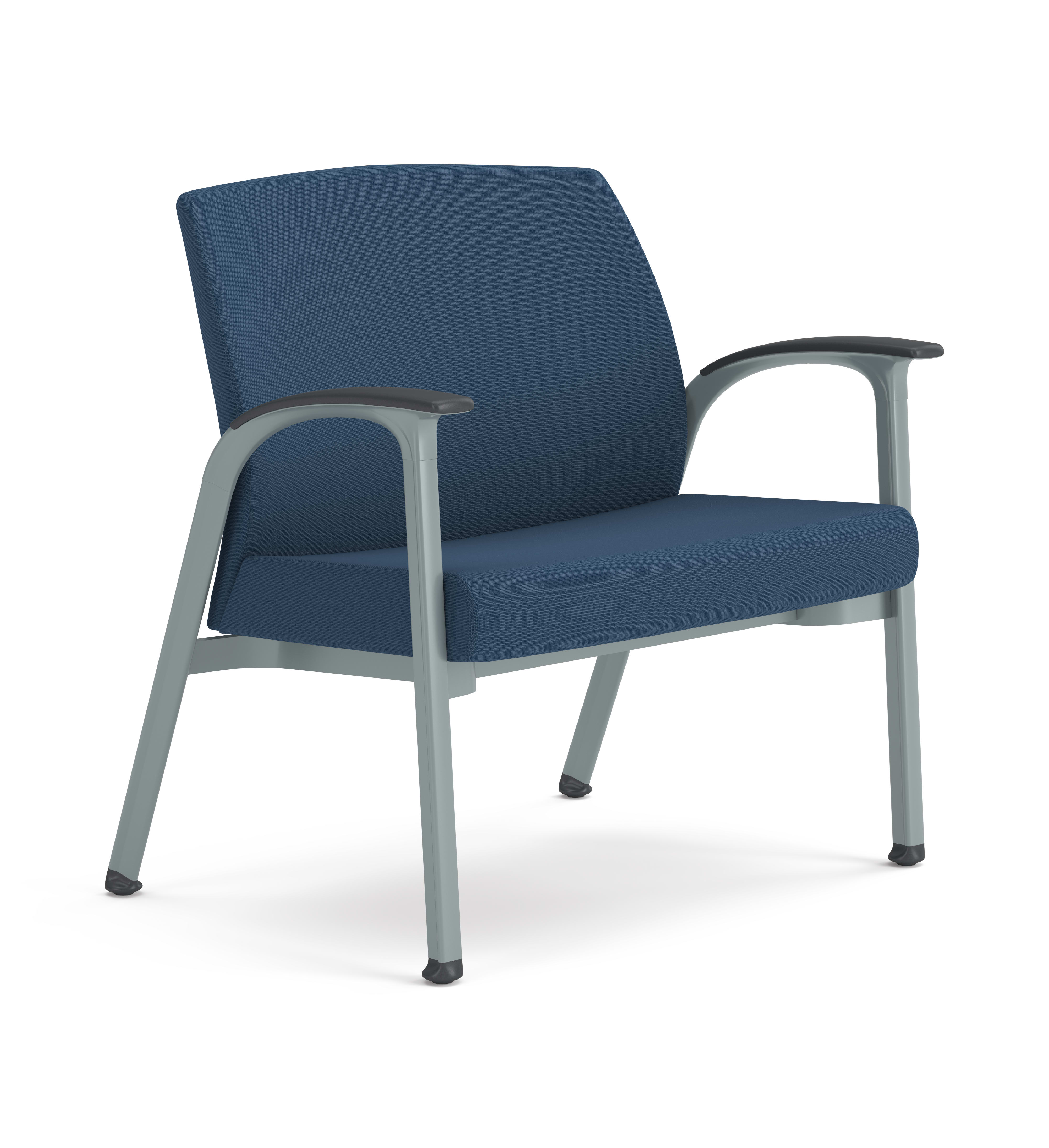 Blue cushioned guest chair with textured fabric, metal frame, and integrated armrests, designed for modern office or waiting areas.