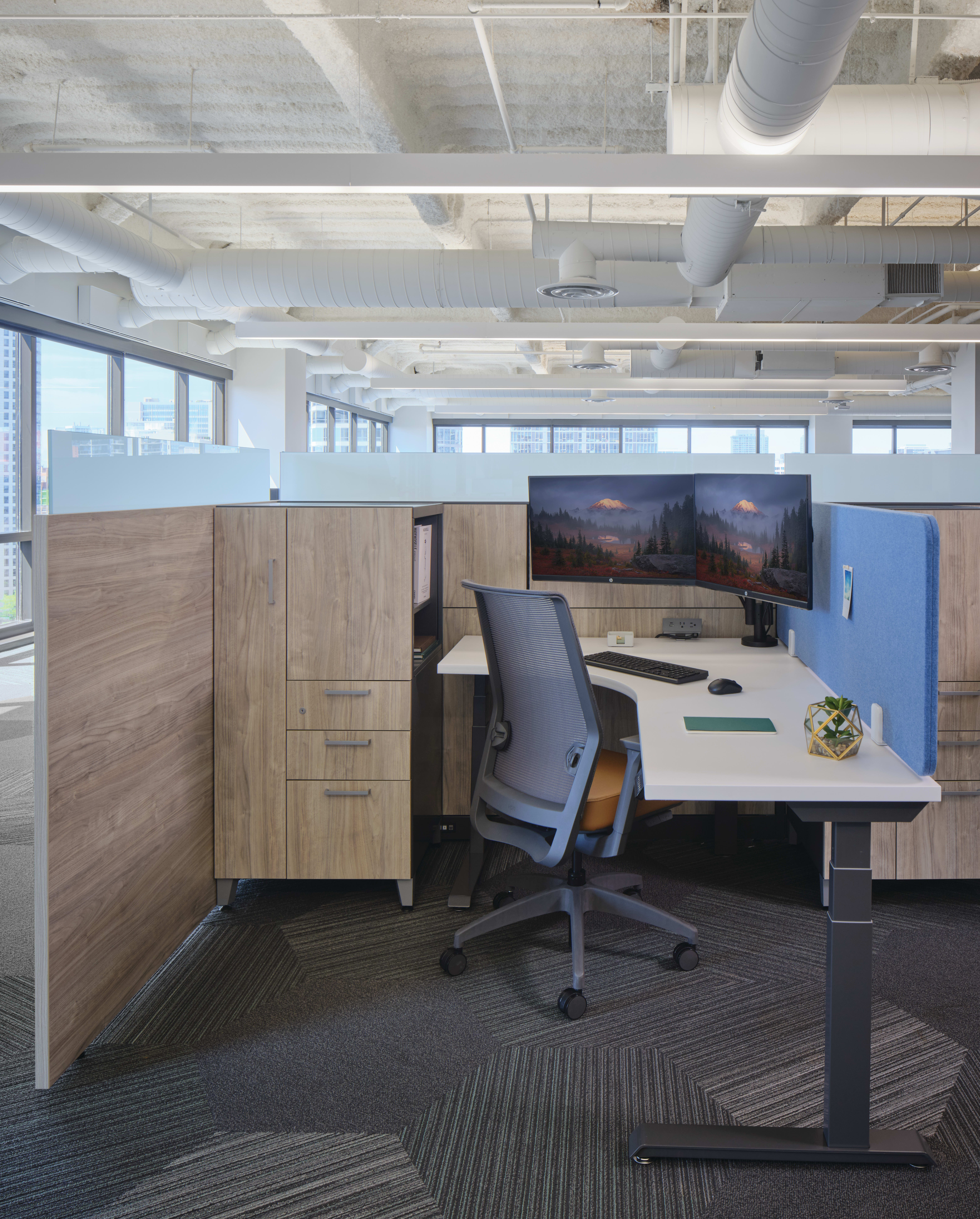 Abound workstations with Contain storage, Coordinate HAT desks, and Universal Screens shown with Cipher task seating