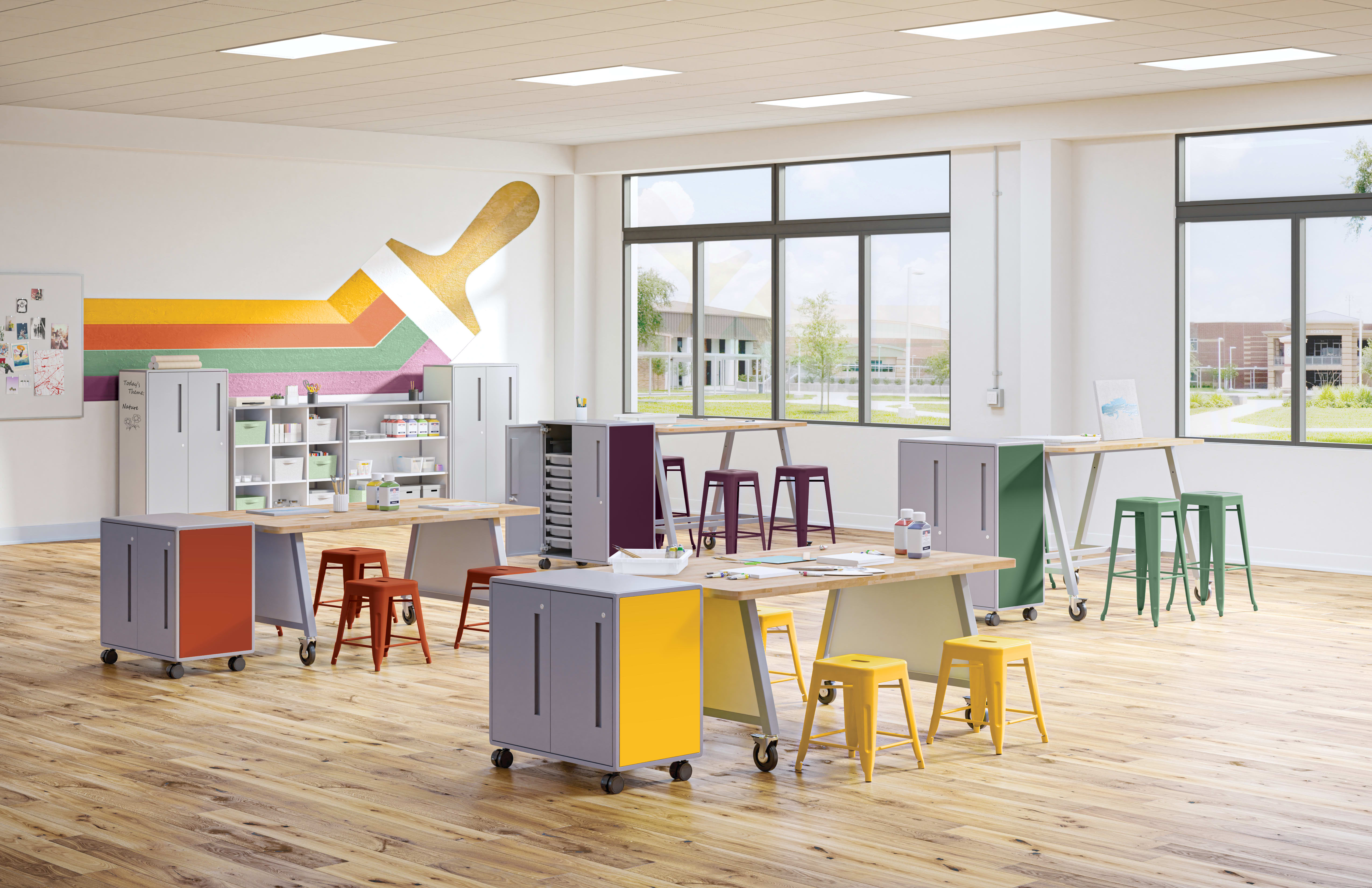 Class-ifi Storage with Build Makerspace Tables and Stools.