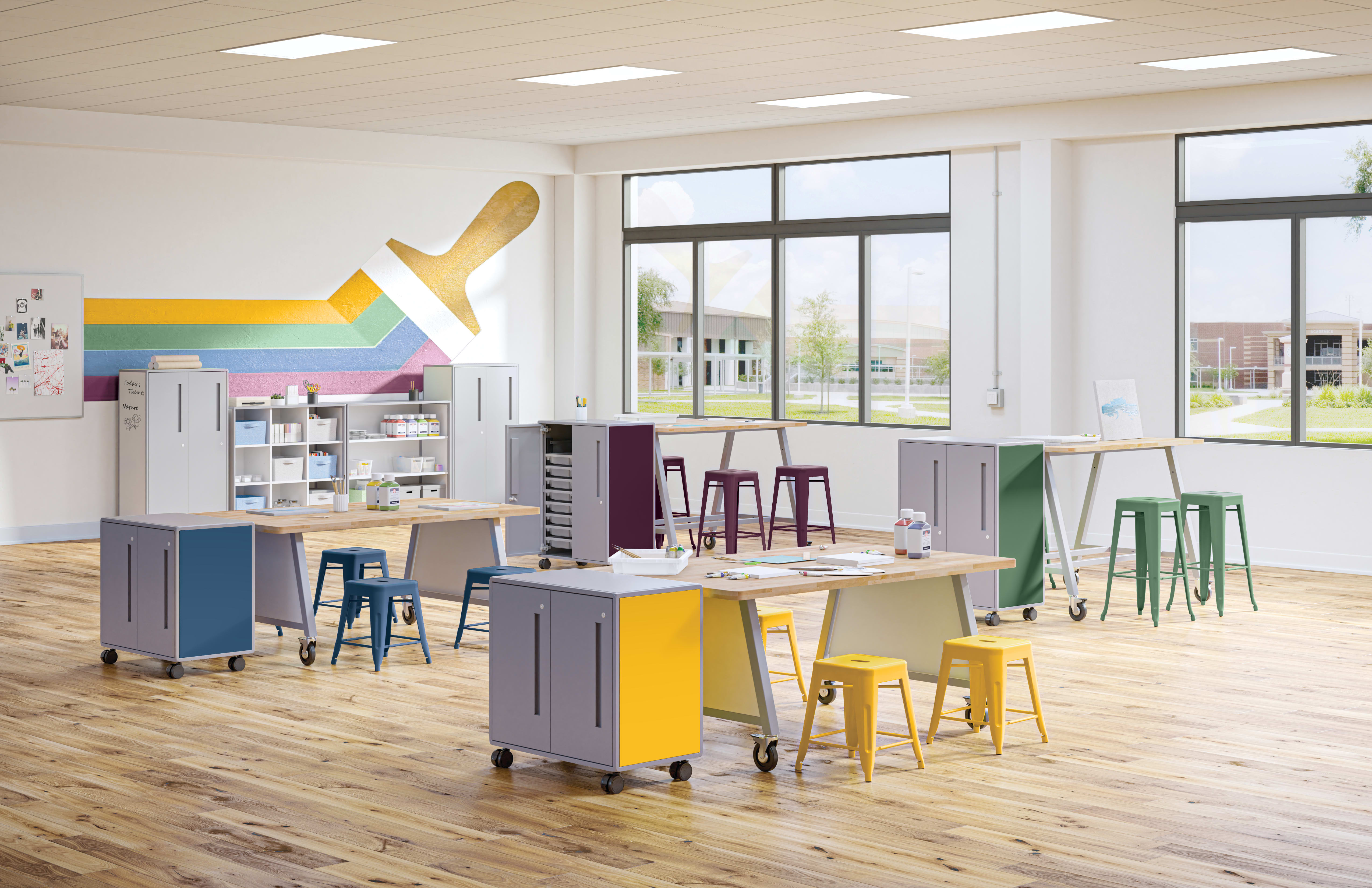 Class-ifi Storage with Build Makerspace Tables and Stools.