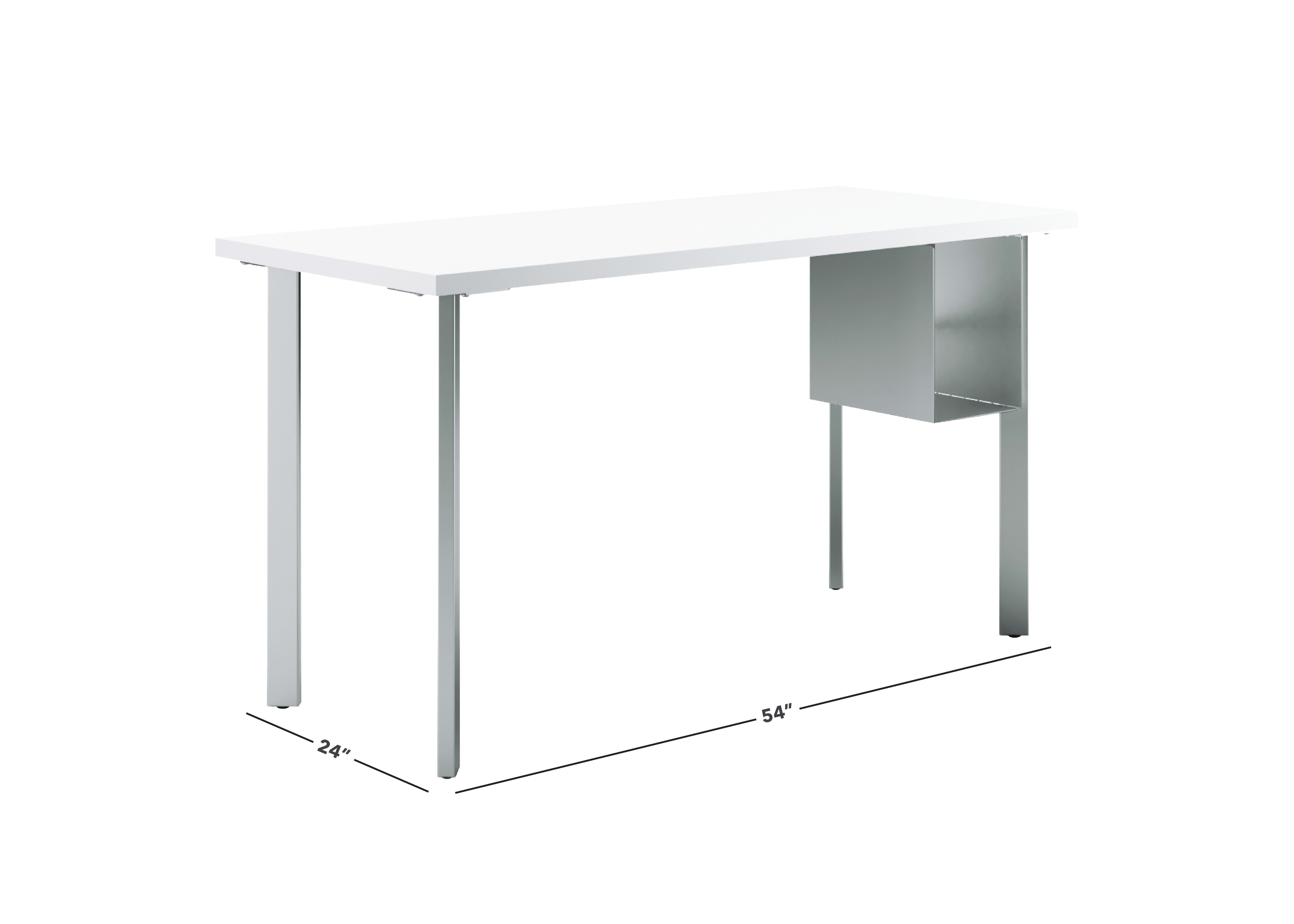 Designer white Coze table desk with silver post legs and undermount storage