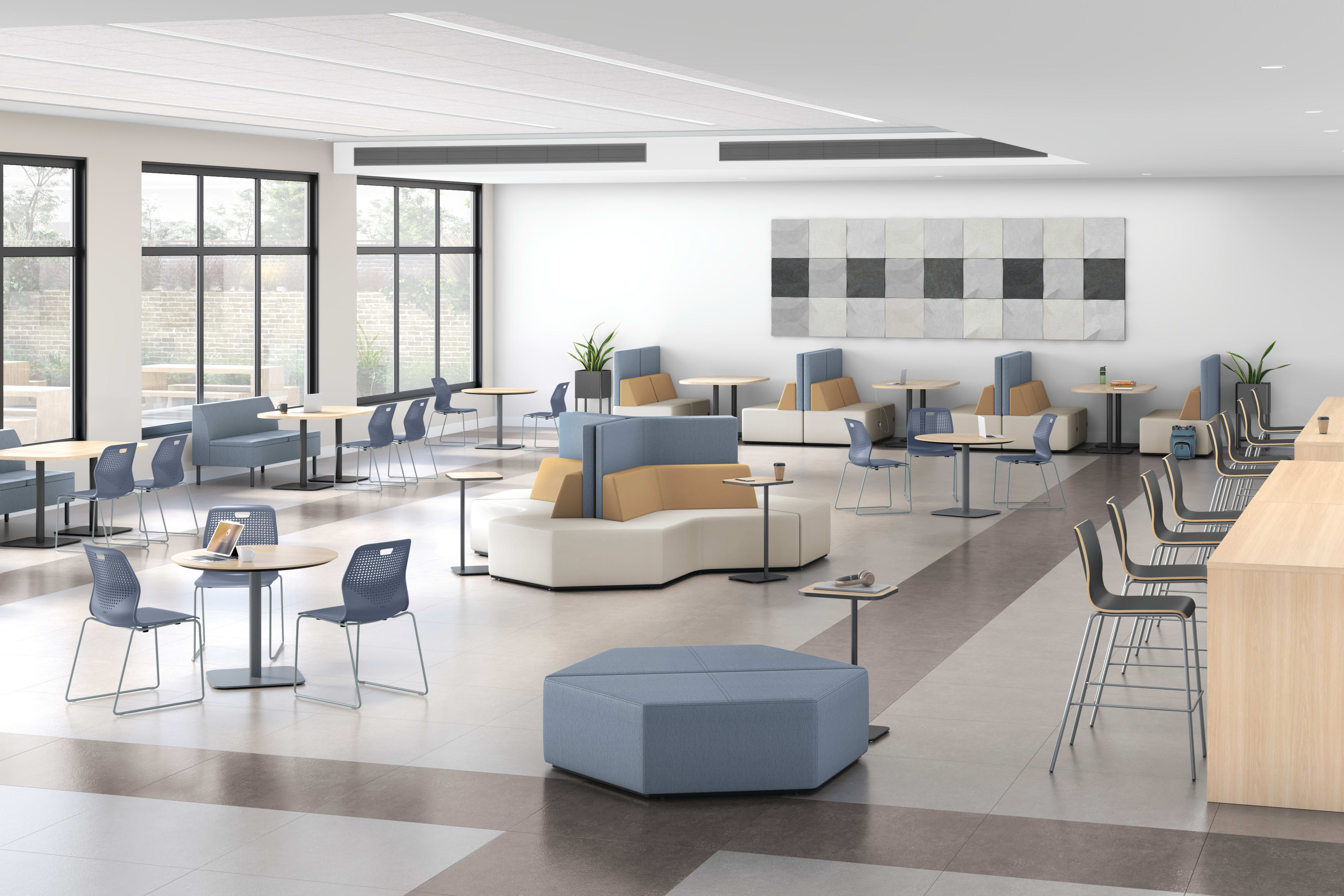 Cafe space with blue Etch seating and Tangram