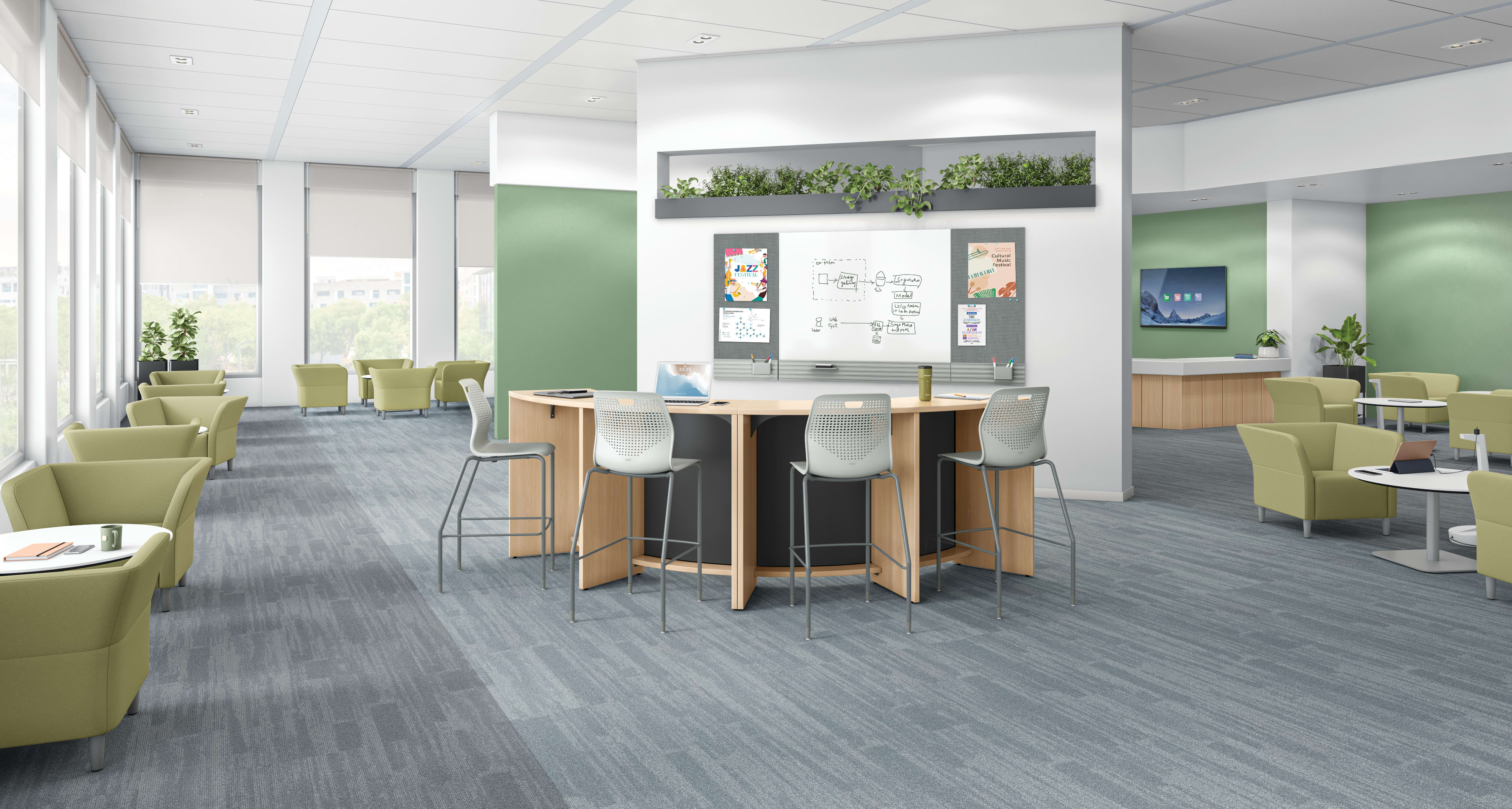 College collaboration space with green flock soft seating and white Etch chairs