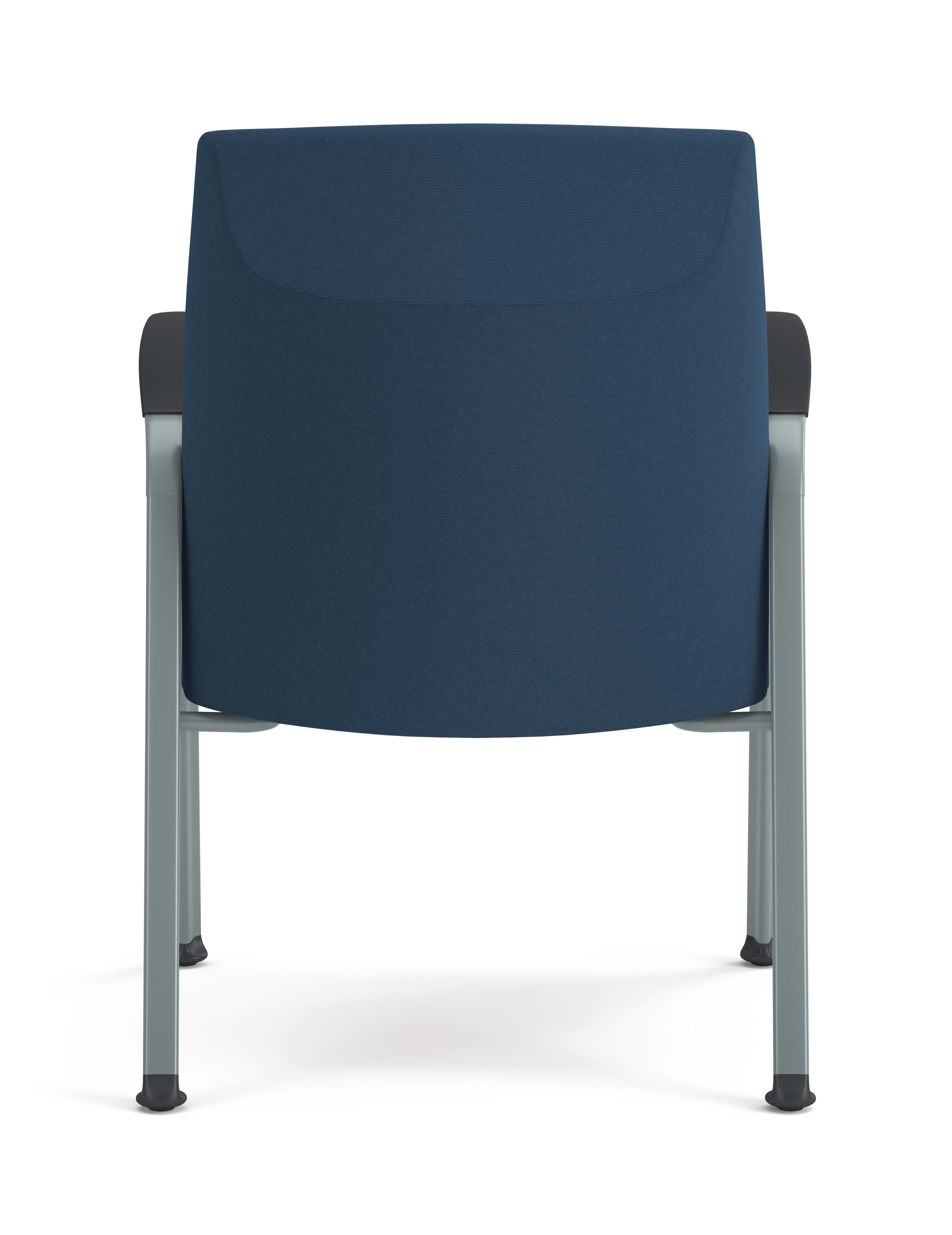 Blue cushioned guest chair with textured fabric, metal frame, and integrated armrests, designed for modern office or waiting areas.