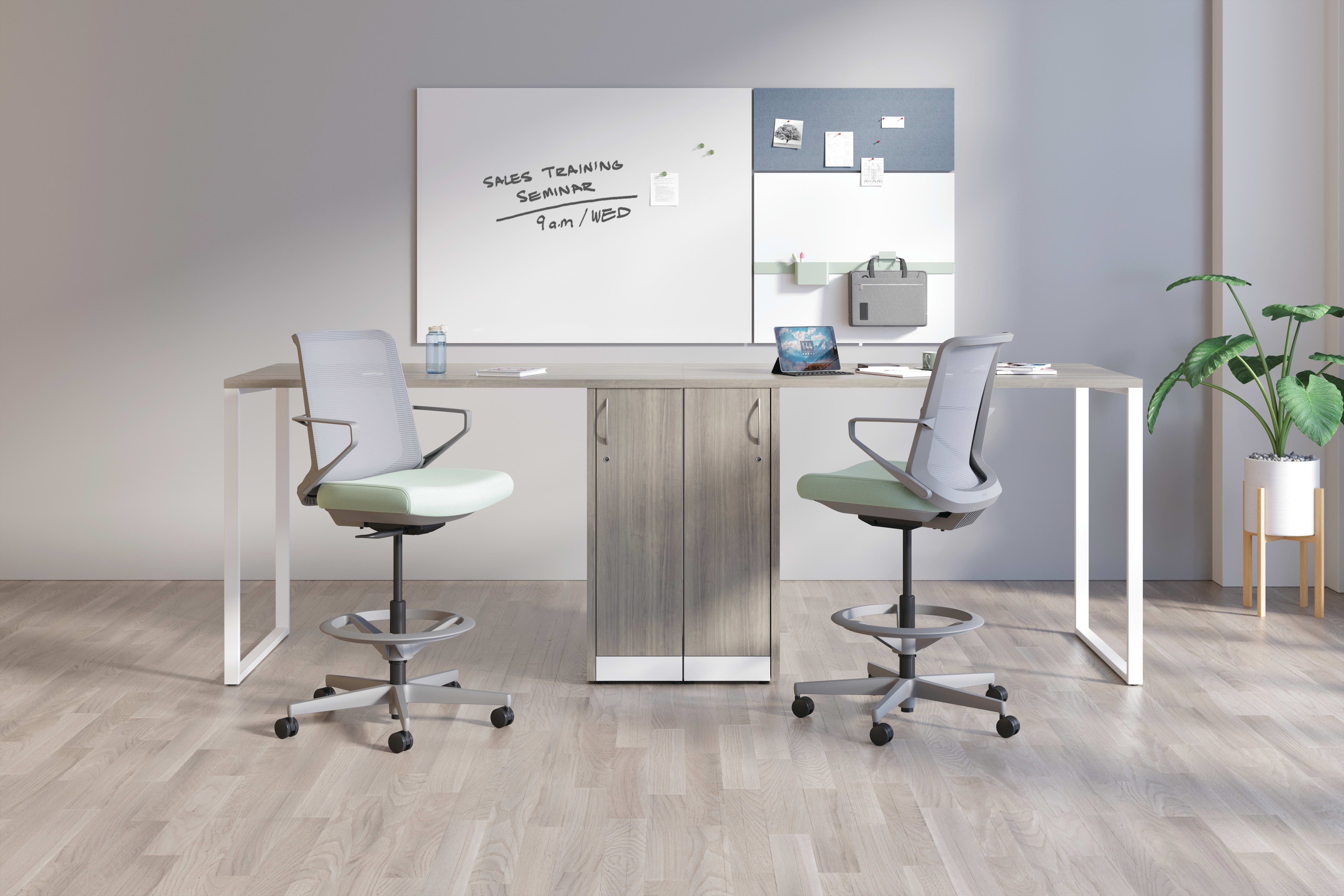 Cliq Stools with Storage Islands and Contain Storage, and Work Wall Tiles.