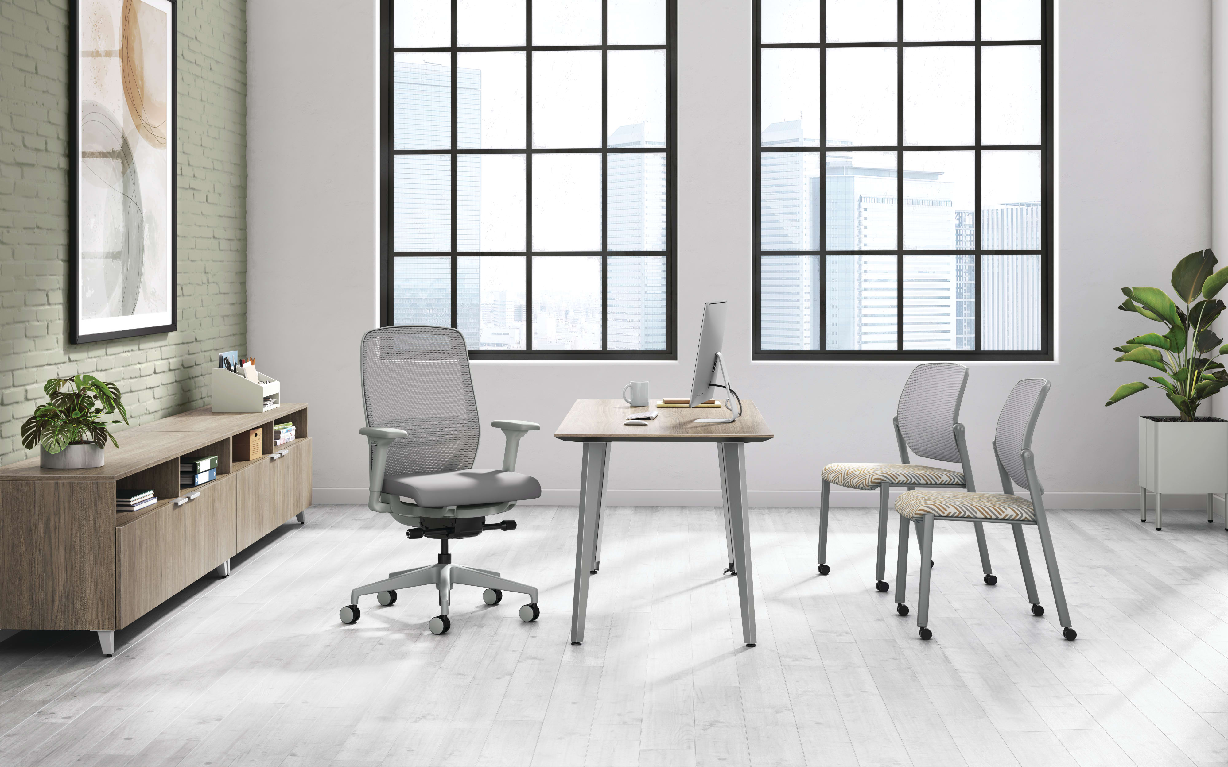 A private office setting featuring Nucleus task and guest seating with Voi desk and storage.