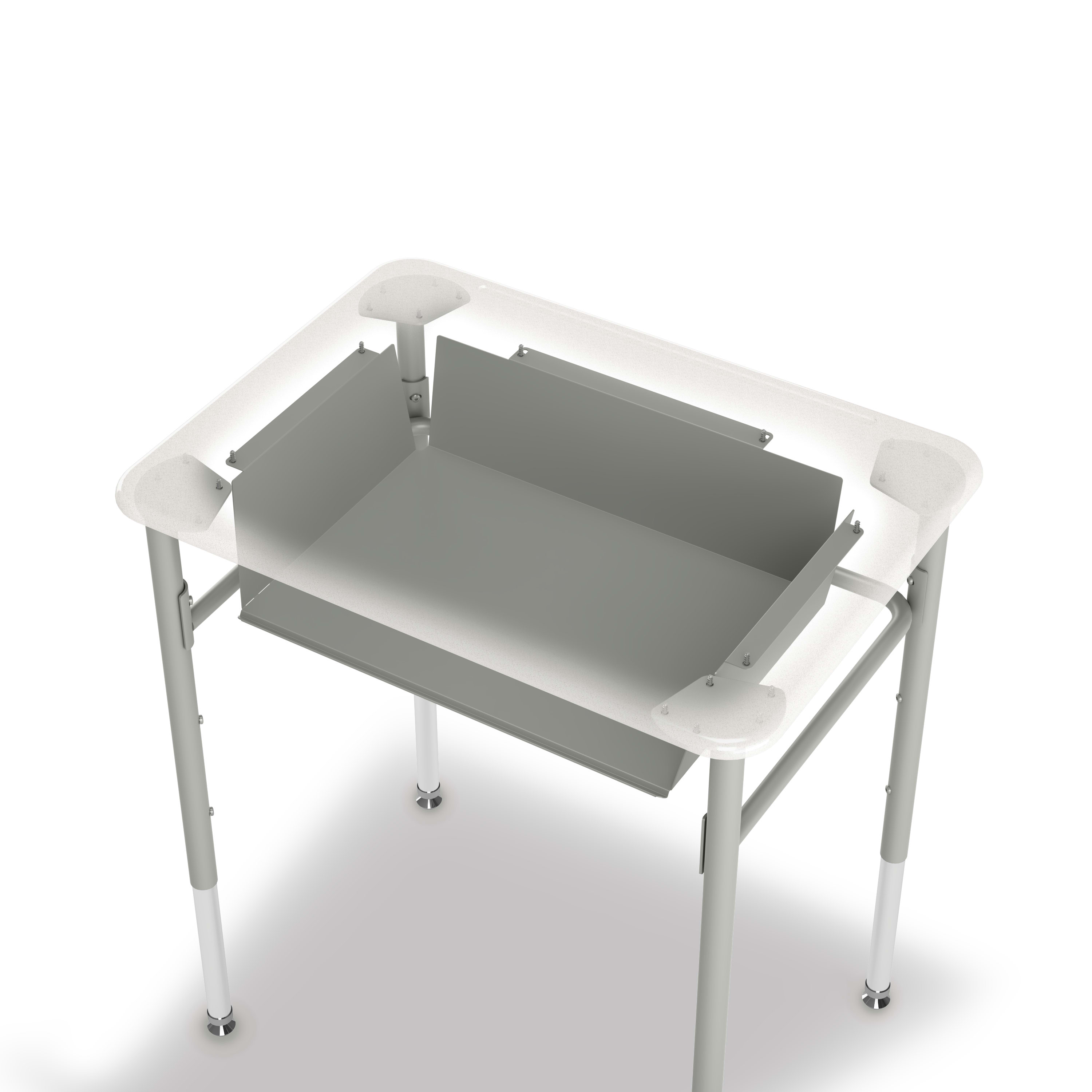 Detail image showing how the SmartLink Book Box connects to the underside of a SmartLink Student Desk