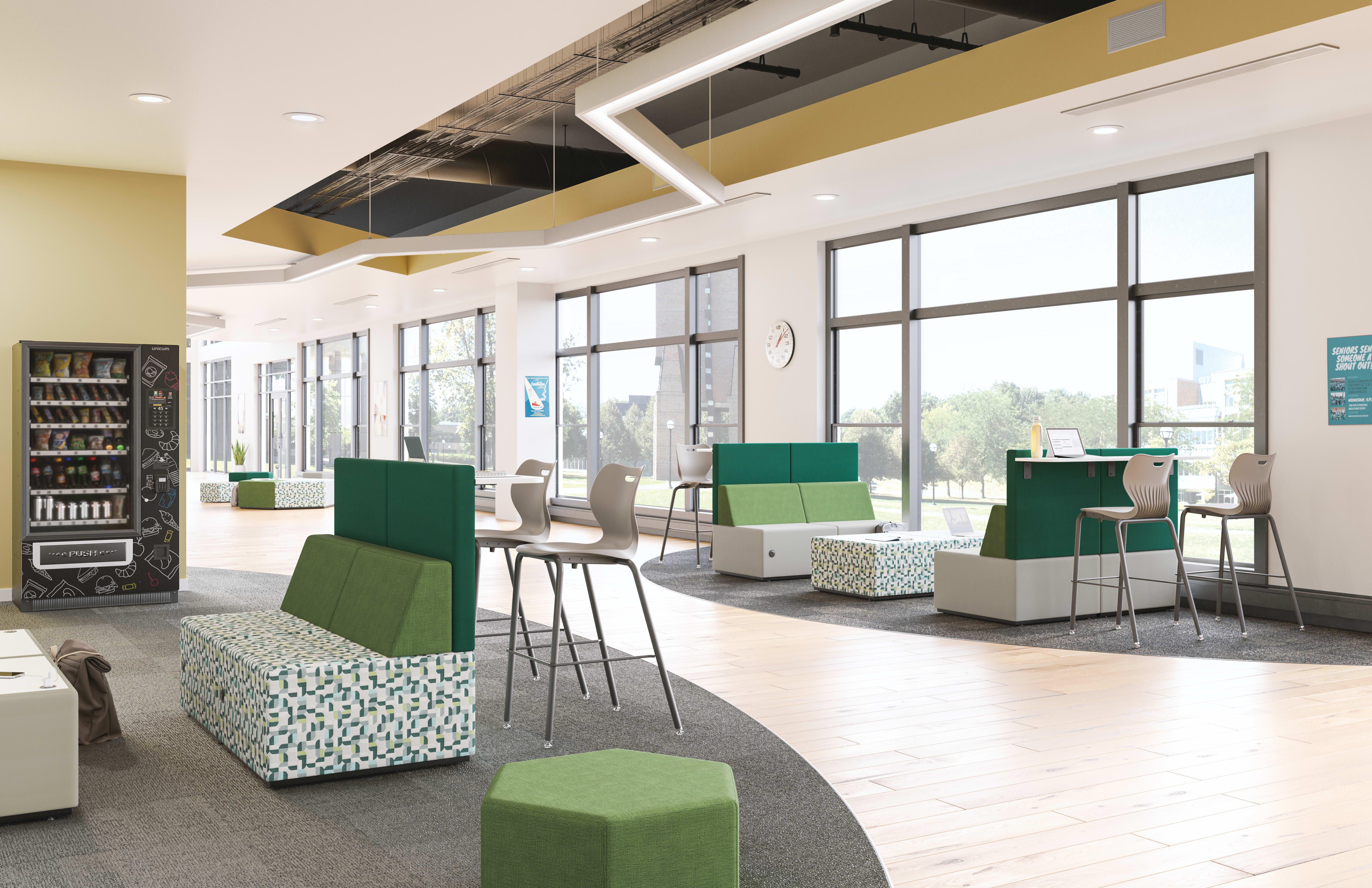 Tangram Bistro-backs with Tangram pouf and ottomans, and SmartLink stools.