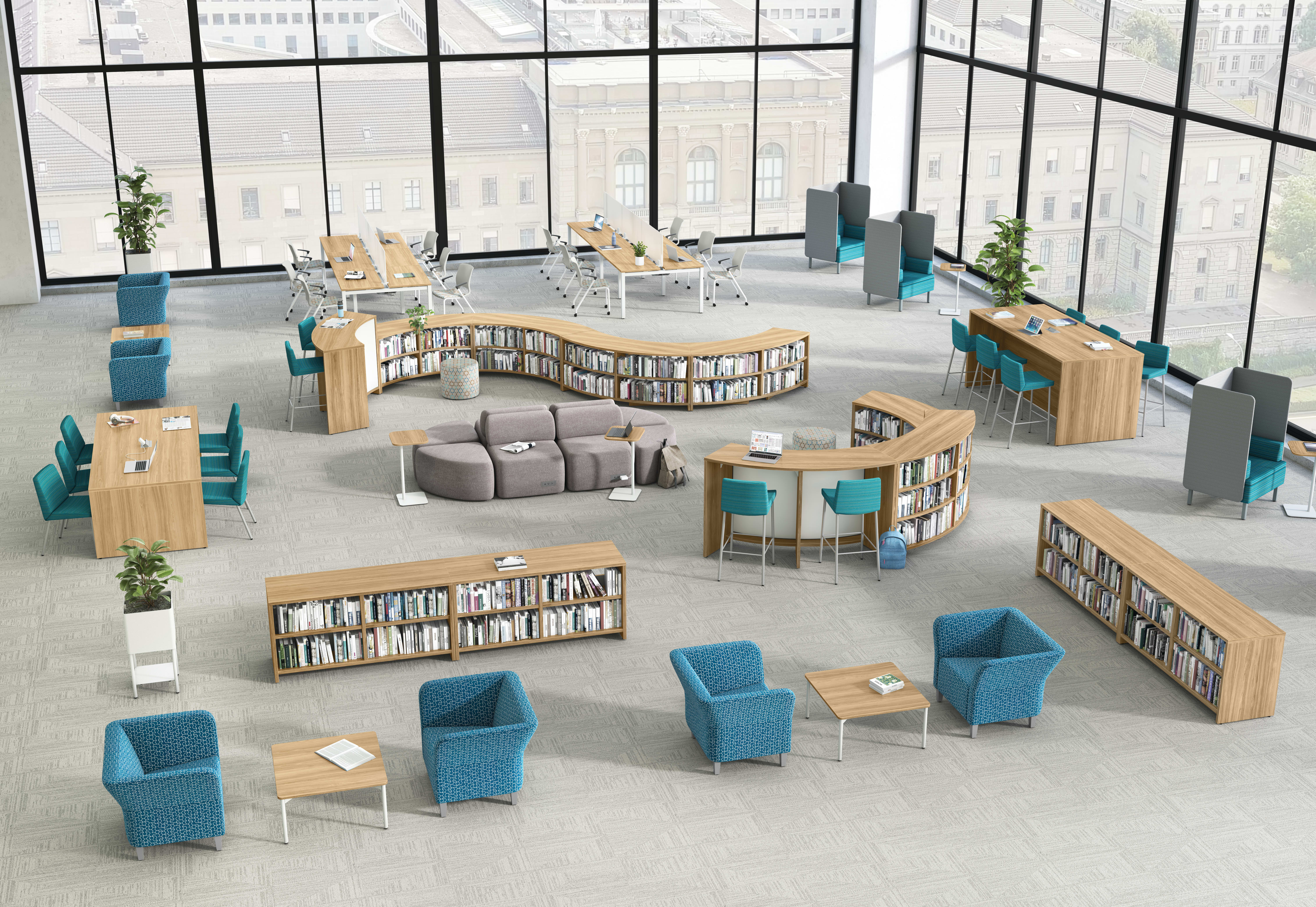 A multi-media center setting featuring Storyline bookcases, Flock, Soco, and Flock seating, and Birk and Preside tables.
