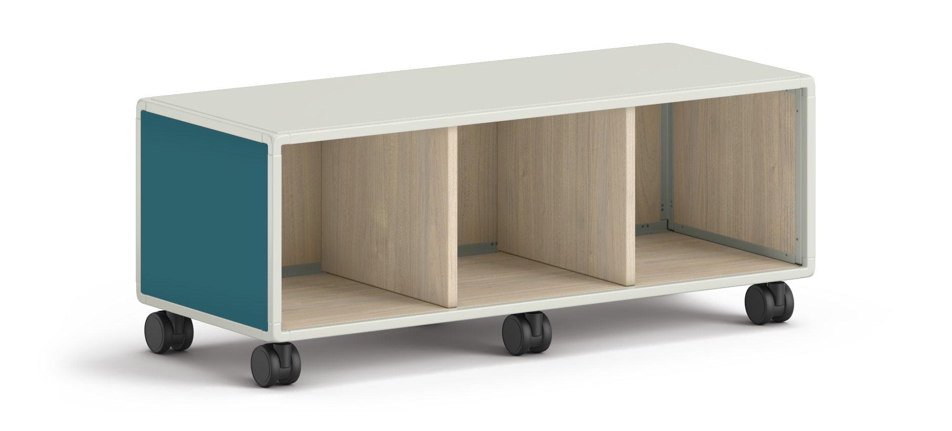Low mobile storage unit with three open compartments and teal side panels.