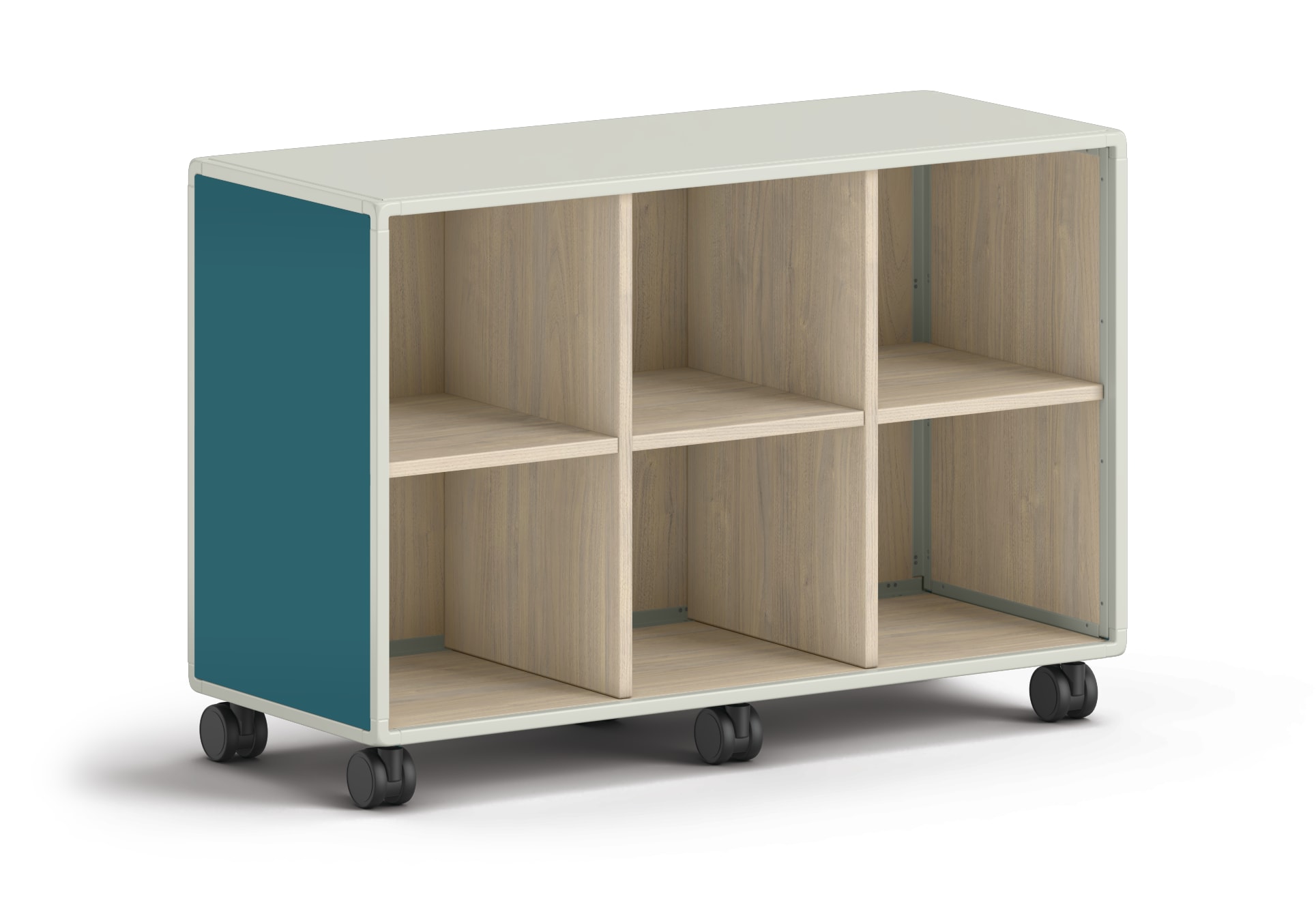 Low mobile storage unit with six square cubbies and teal side panels.