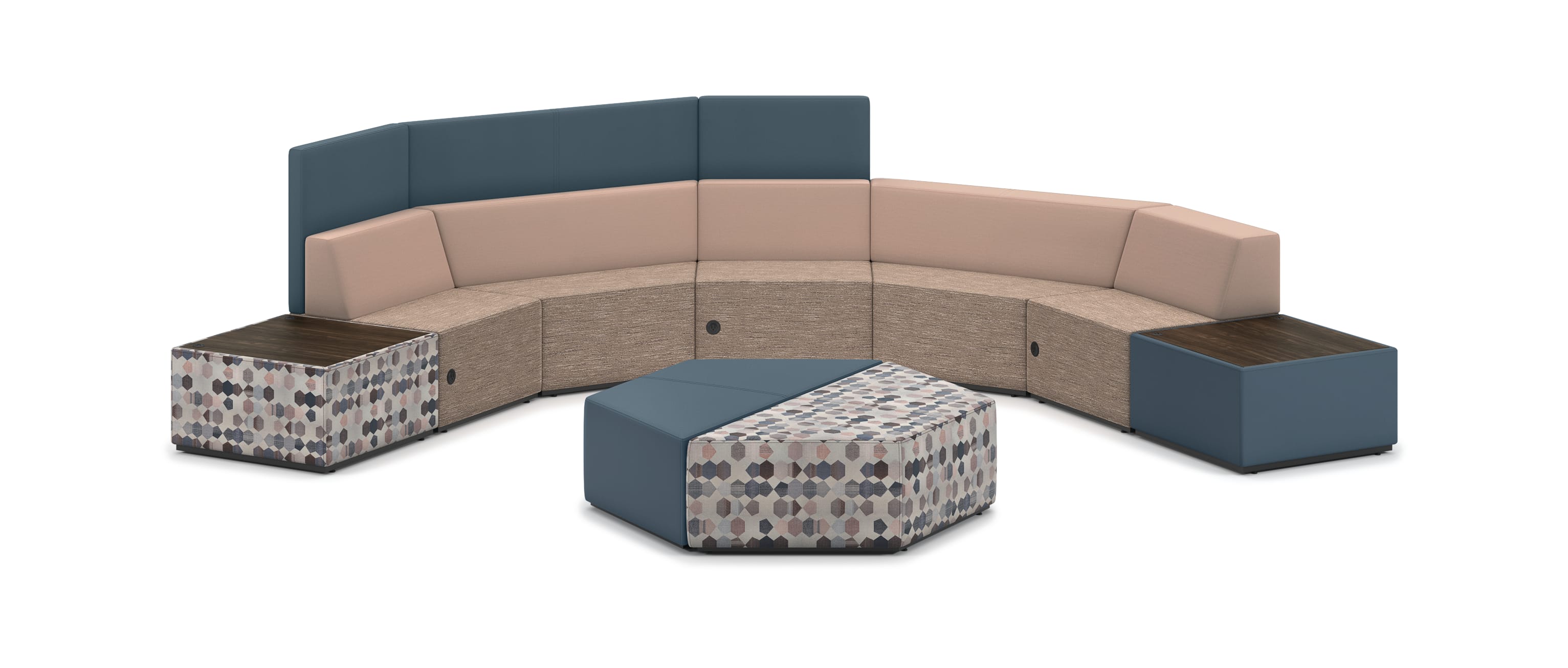 Tangram half-round vignette with Tangram poufs and square in-line tables.