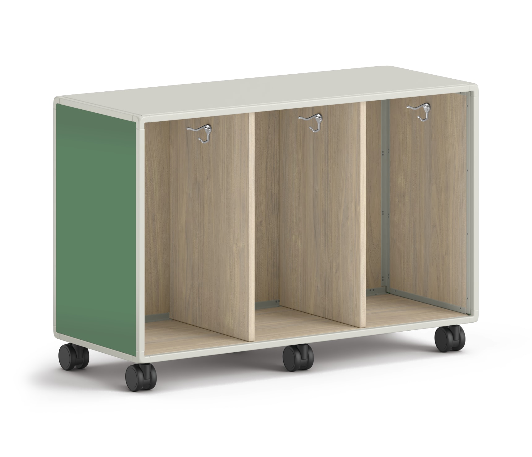 Wide mobile storage unit with three open compartments and green side panels.