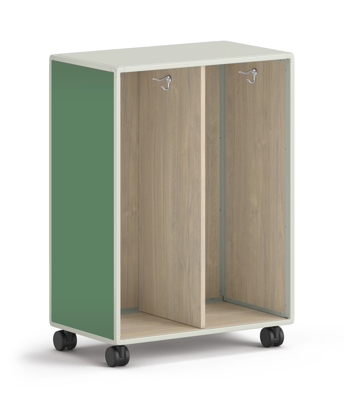 Compact mobile storage unit with two open compartments and green side panels.