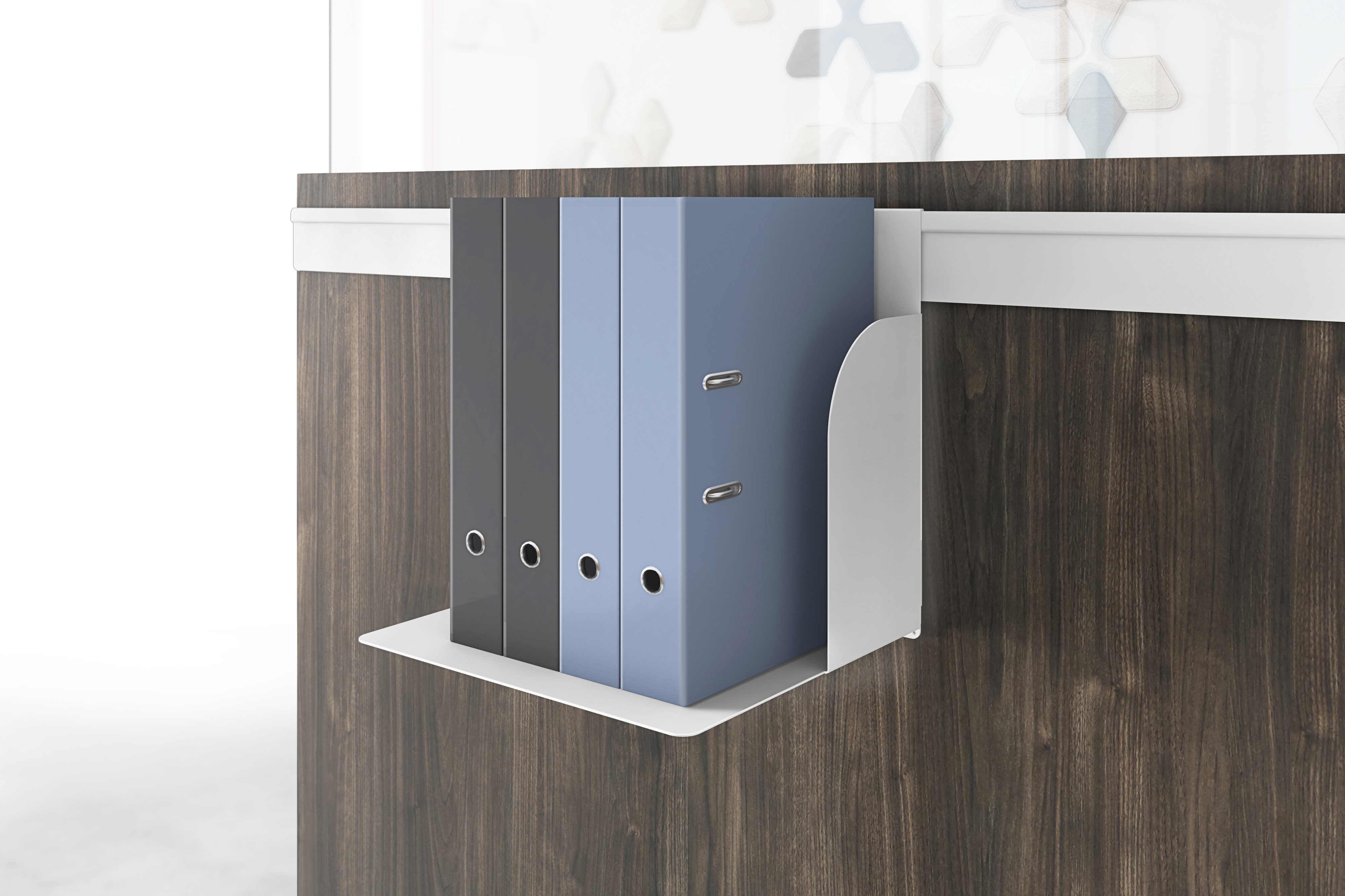 Gallery panel binder shelf hanging on an accessory rail.