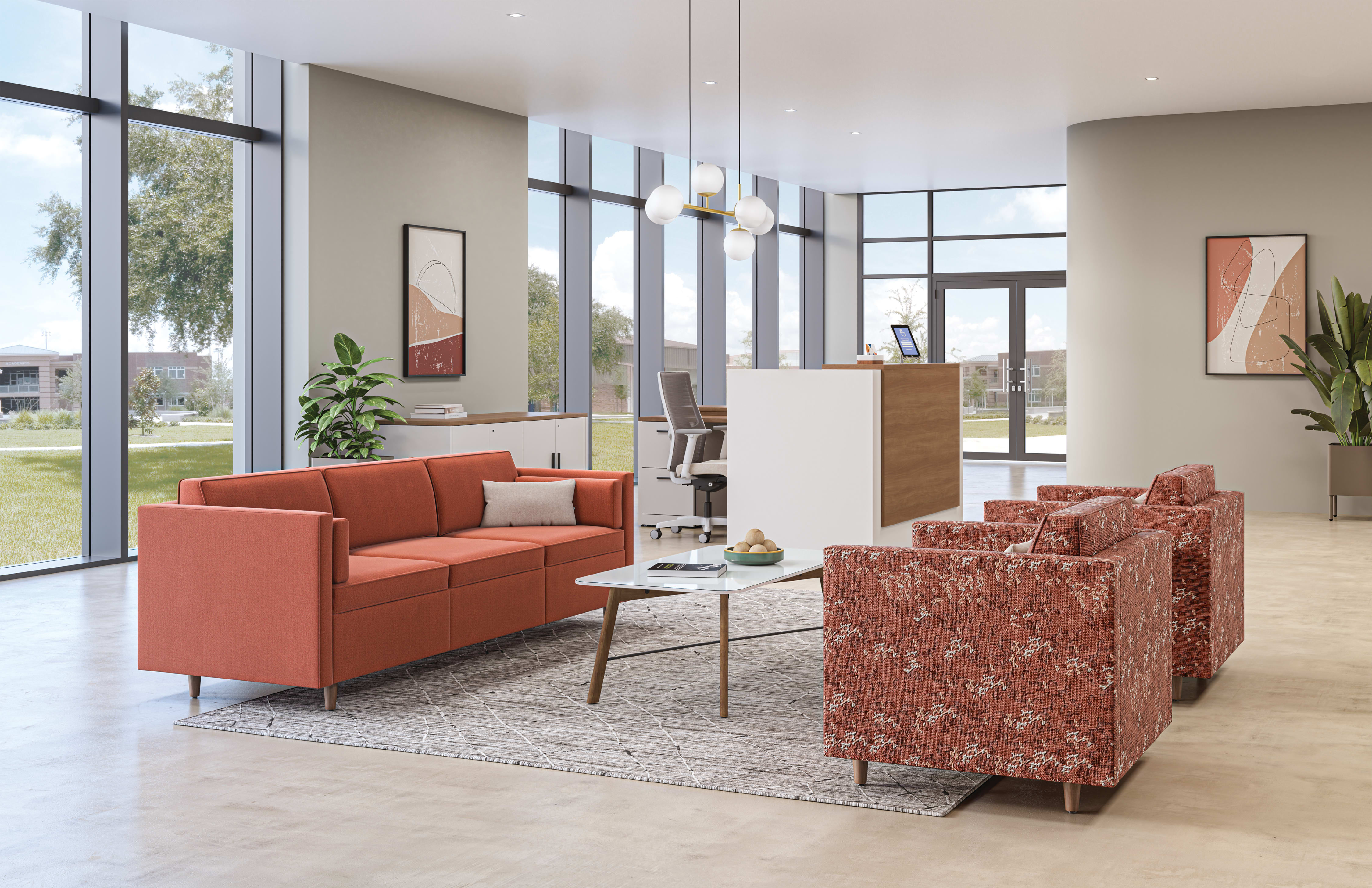 West Hill lounge with Scramble table and 10500 reception desk with Ignition 2 task chair.