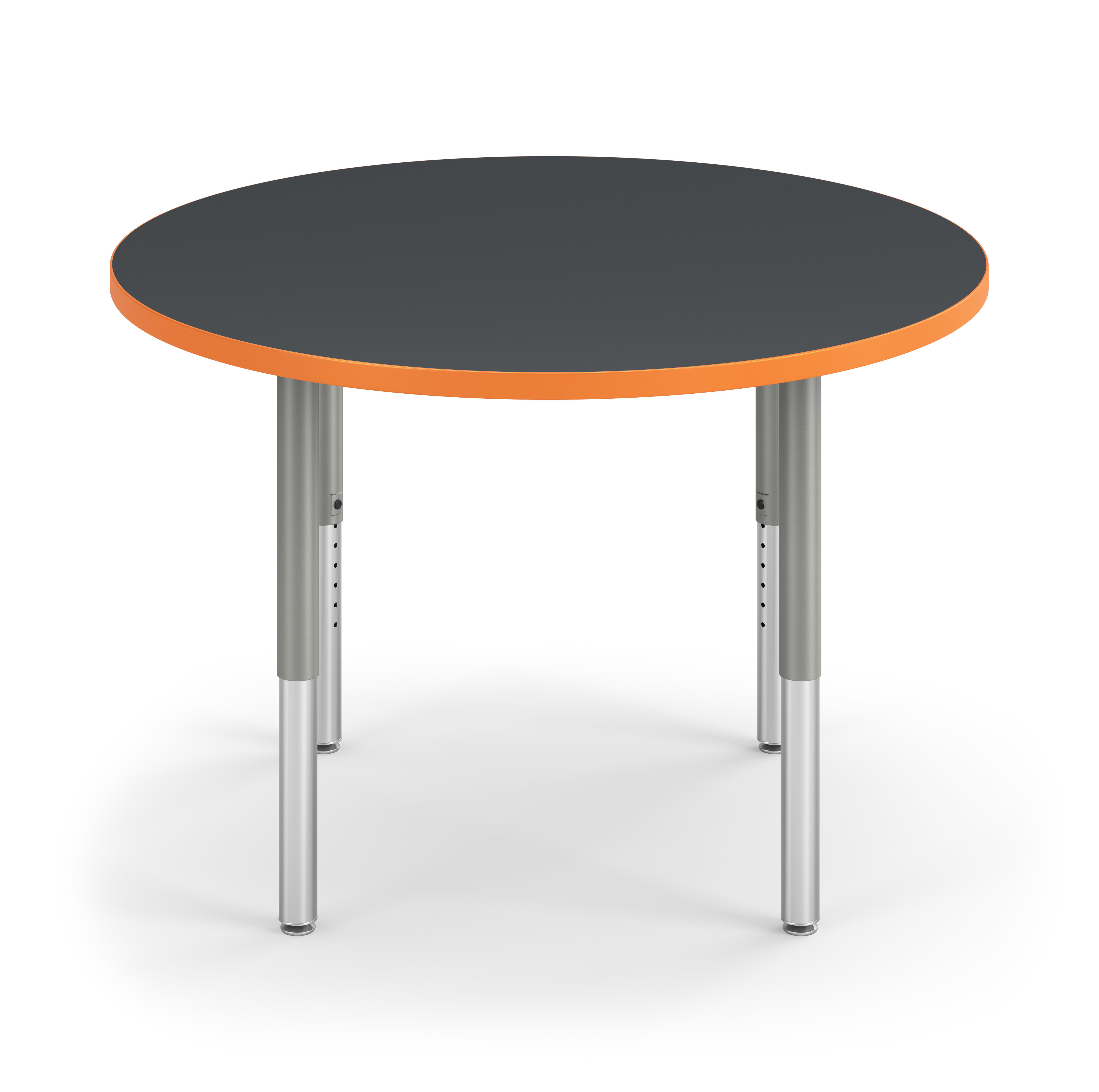 Front View of Charcoal Round Build Table with Orange Edge Band