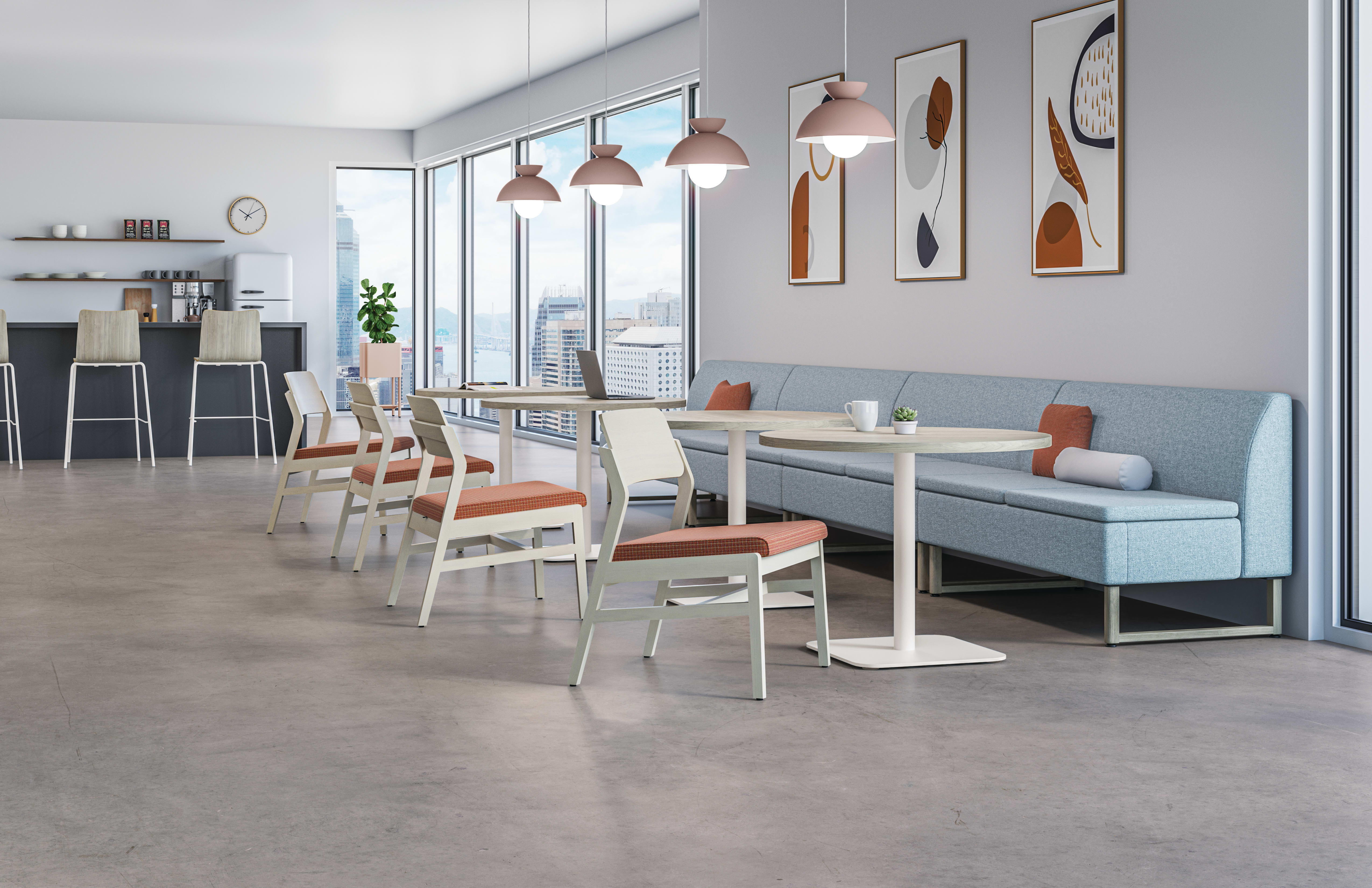 Confer guest chairs with Birk working lounge-height pedestal and Birk round top table. Paired with Astir two-seat lounge and Sculpt planter.