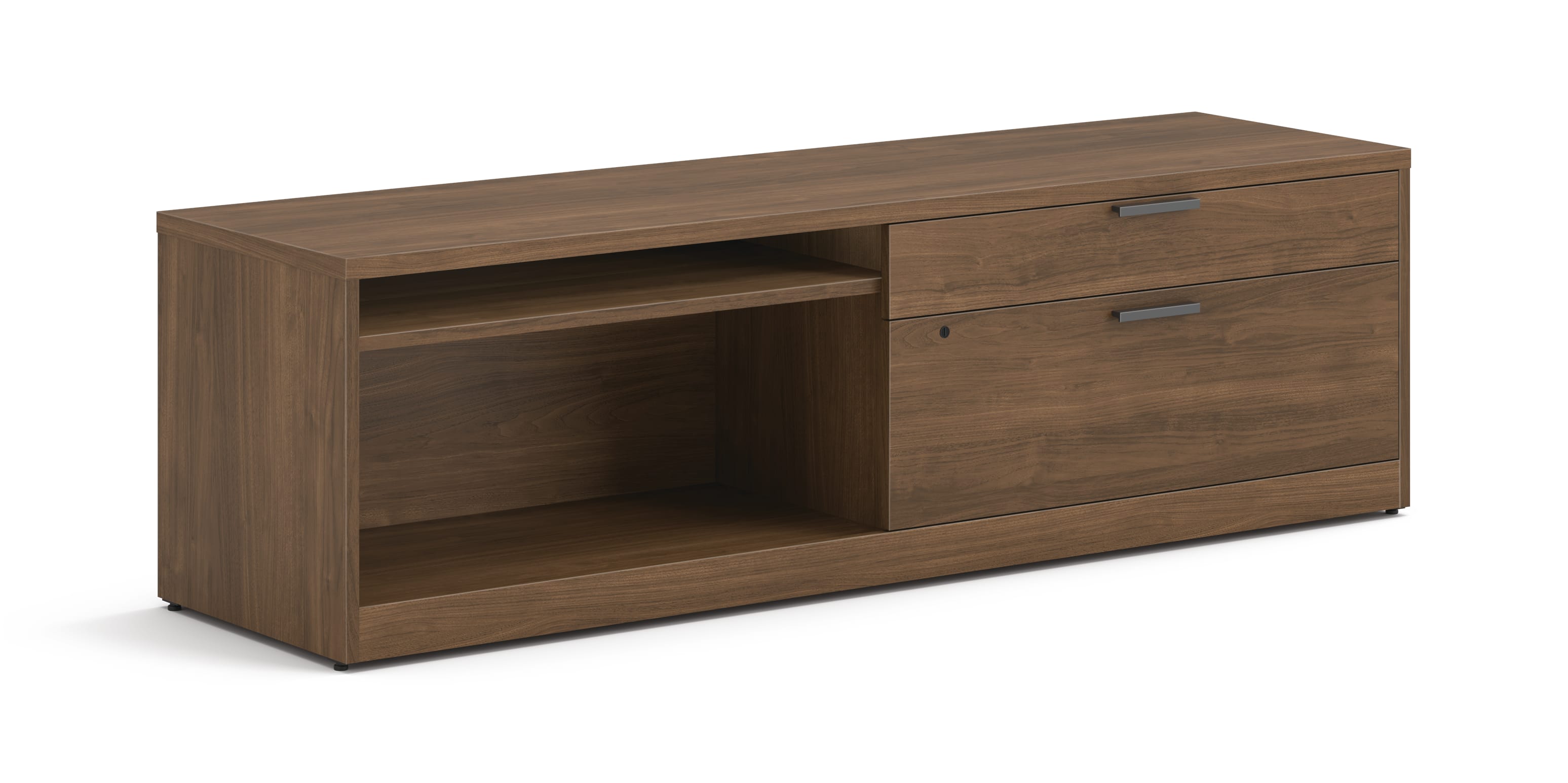Low credenza with drawers on the right and bookcase on the left