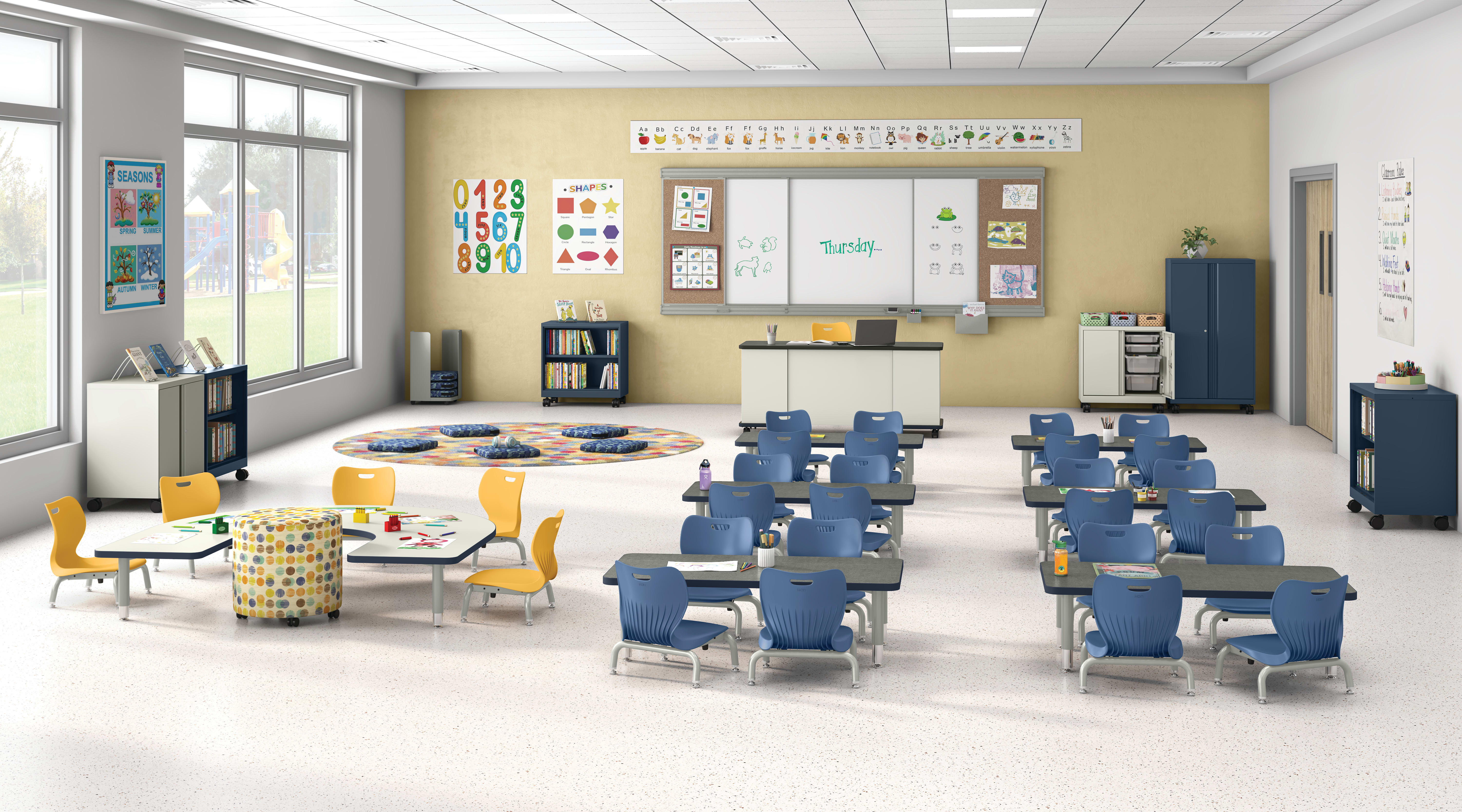 Classroom with SmartLink chairs, Build Tables and Confetti.