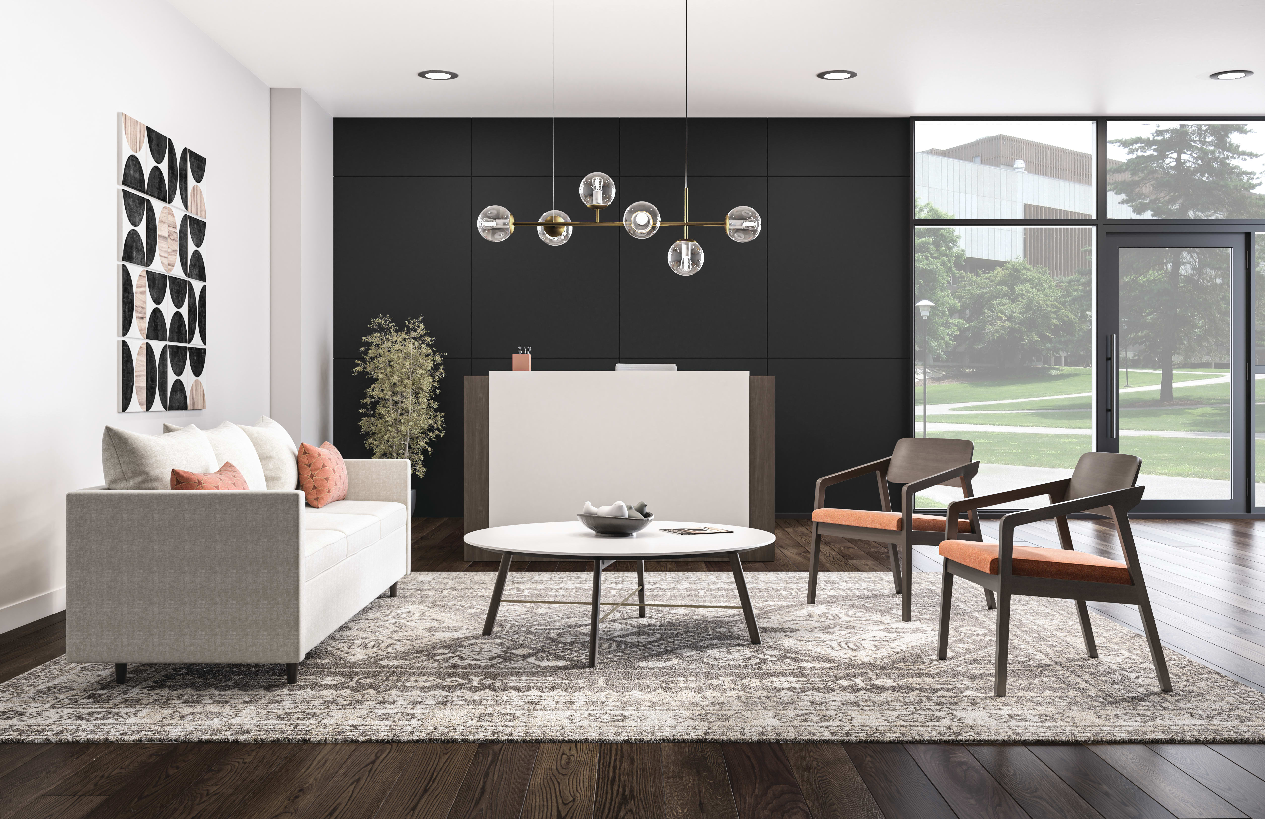 Confer guest chairs with Three Seat West Hill lounge and Scramble Laminate Knife Edge Coffee Table.