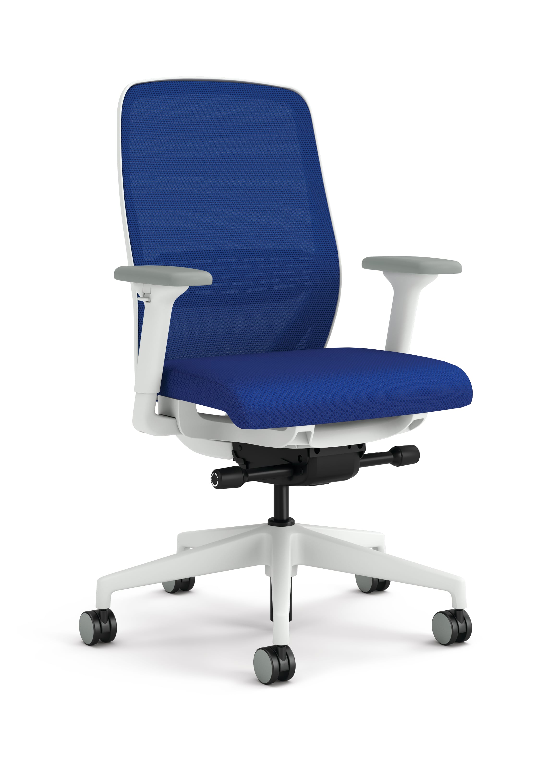 Tack chair with blue fabric and mesh back with a white frame. 