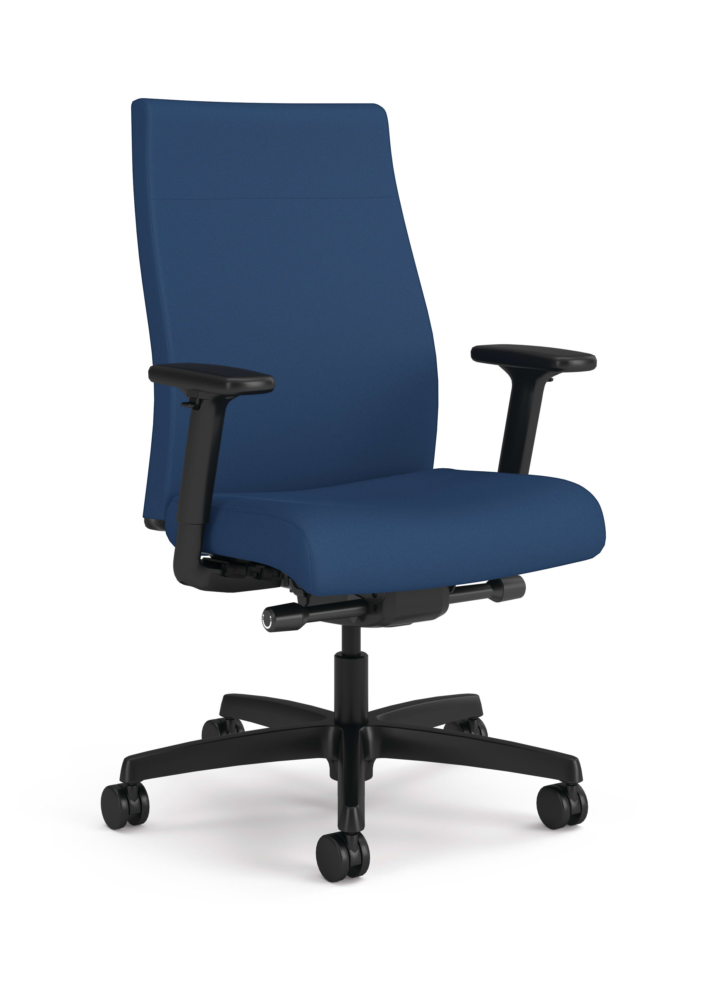 A blue HON Ignition 2.0 upholstered back task chair with black arms and black frame.