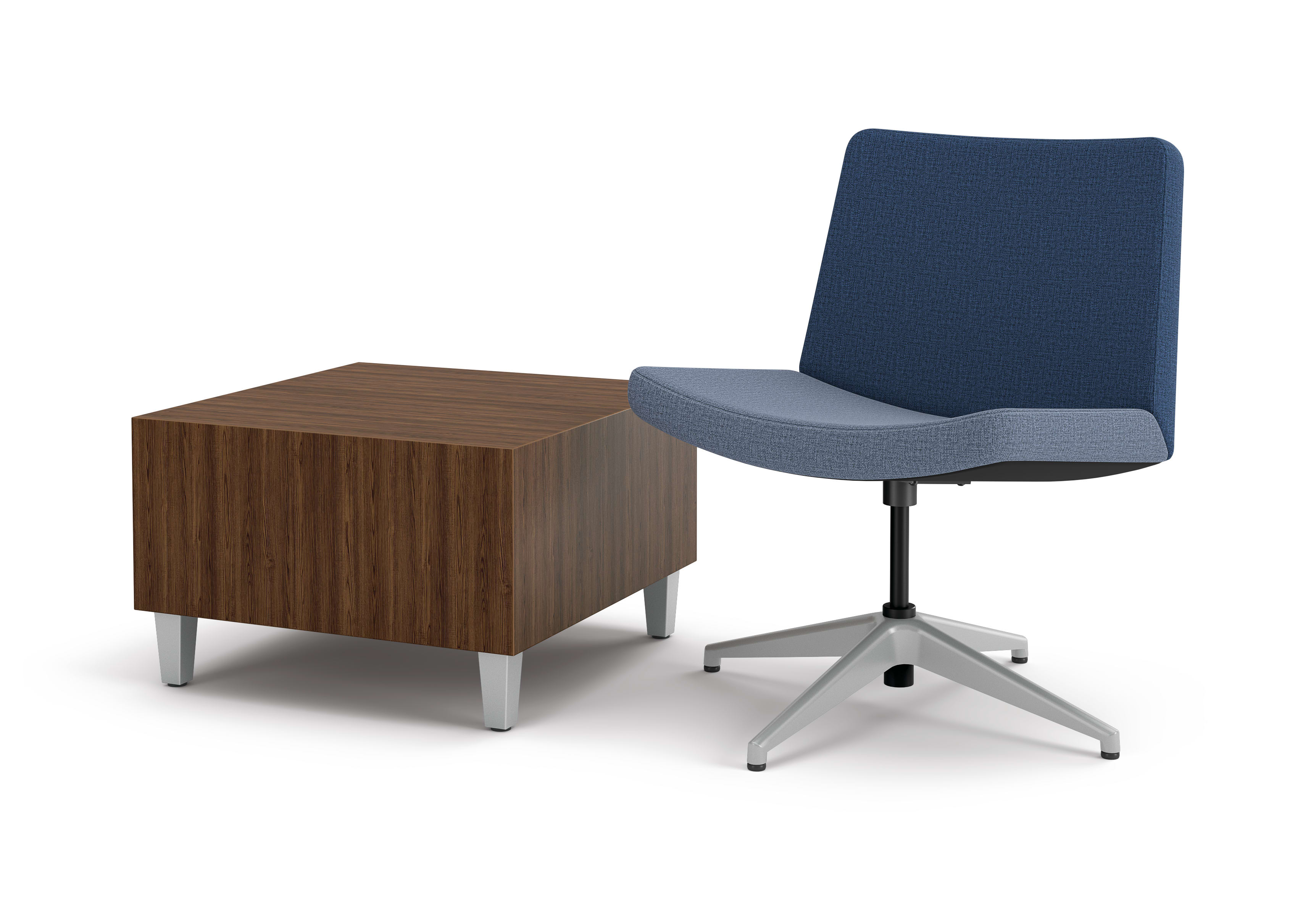 Flock wide lounge next to cube table.