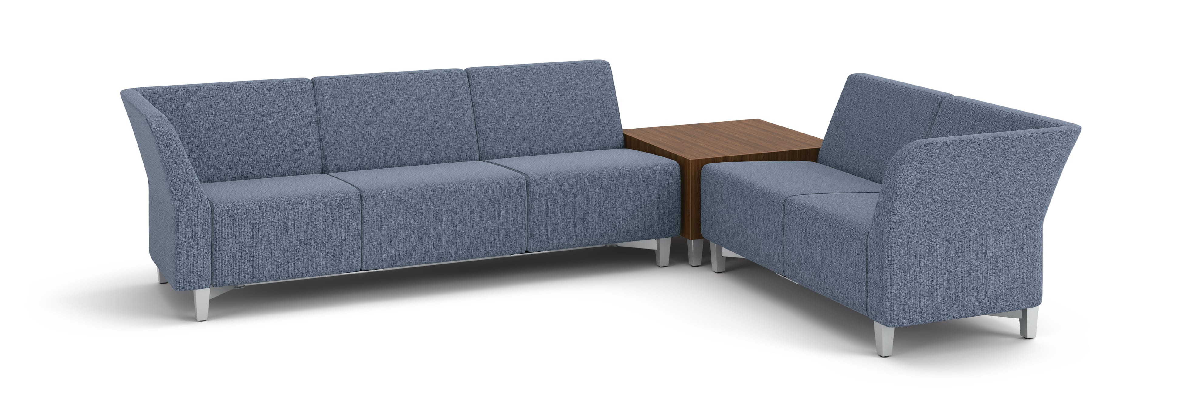 Flock 3-seat and 2-seat sofas in L-shape layout with cube table in between.