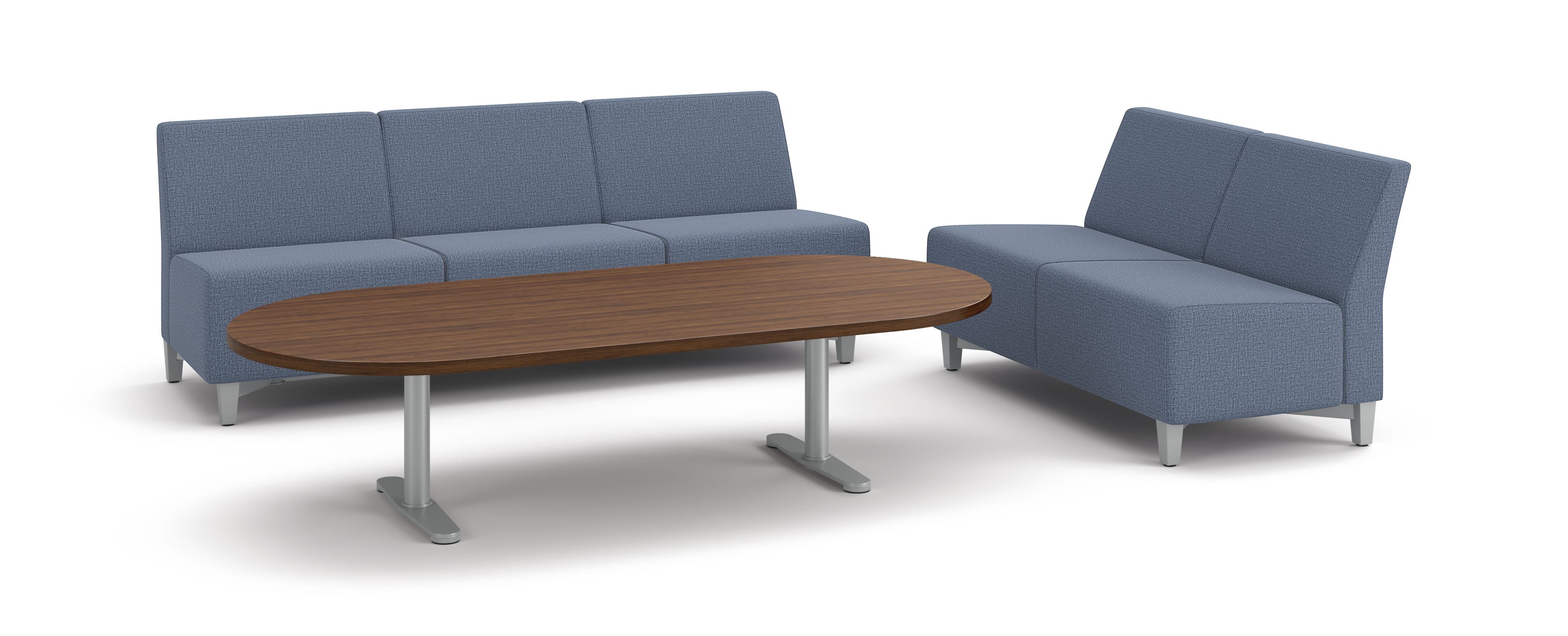 Flock 3-seat and 2-seat sofas with racetrack occasional table.