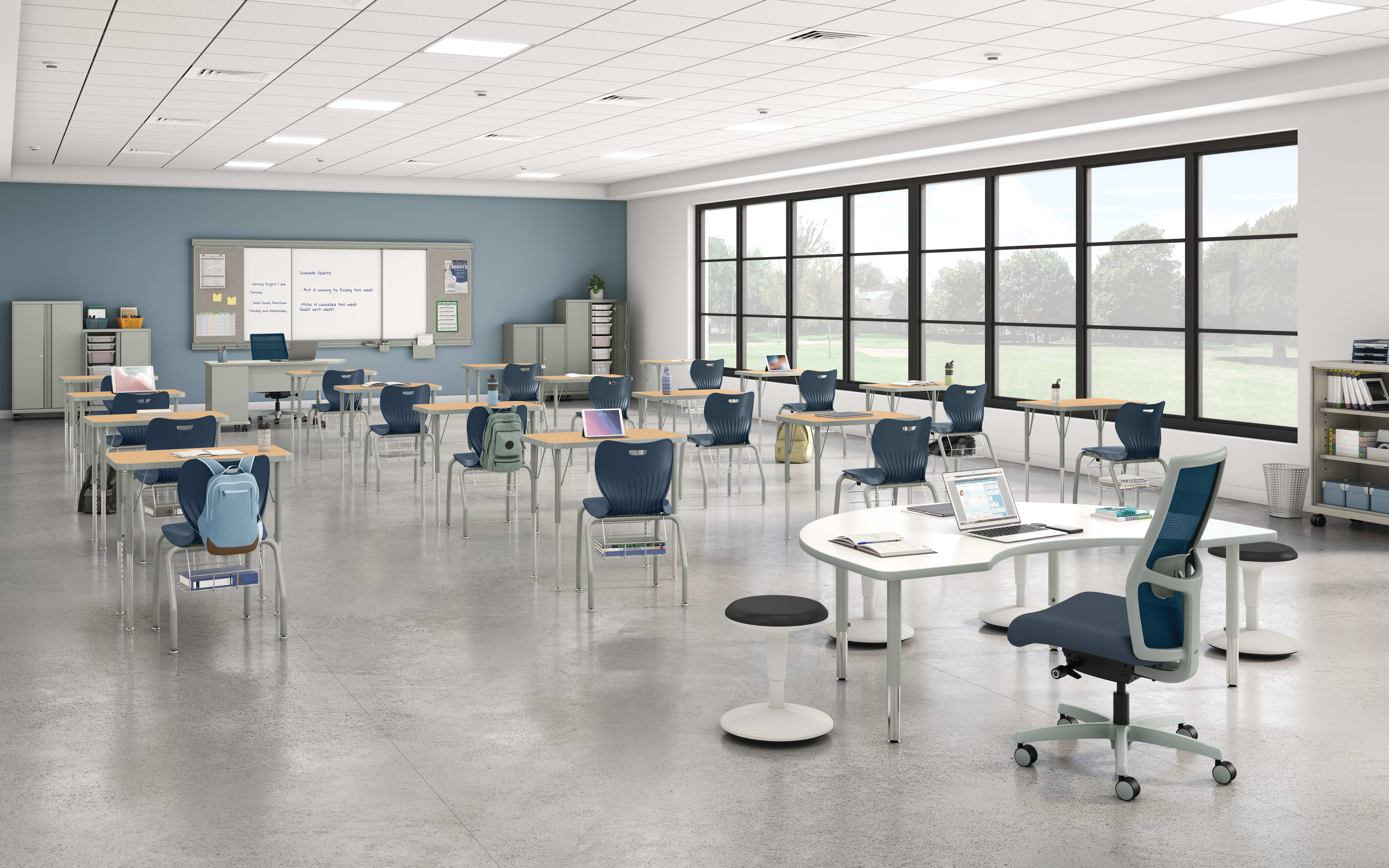 Classroom set up with Ignition 2.0 task chair with Spectrum Mesh, Build student desk and SmartLink Mobile Cabinet Storage