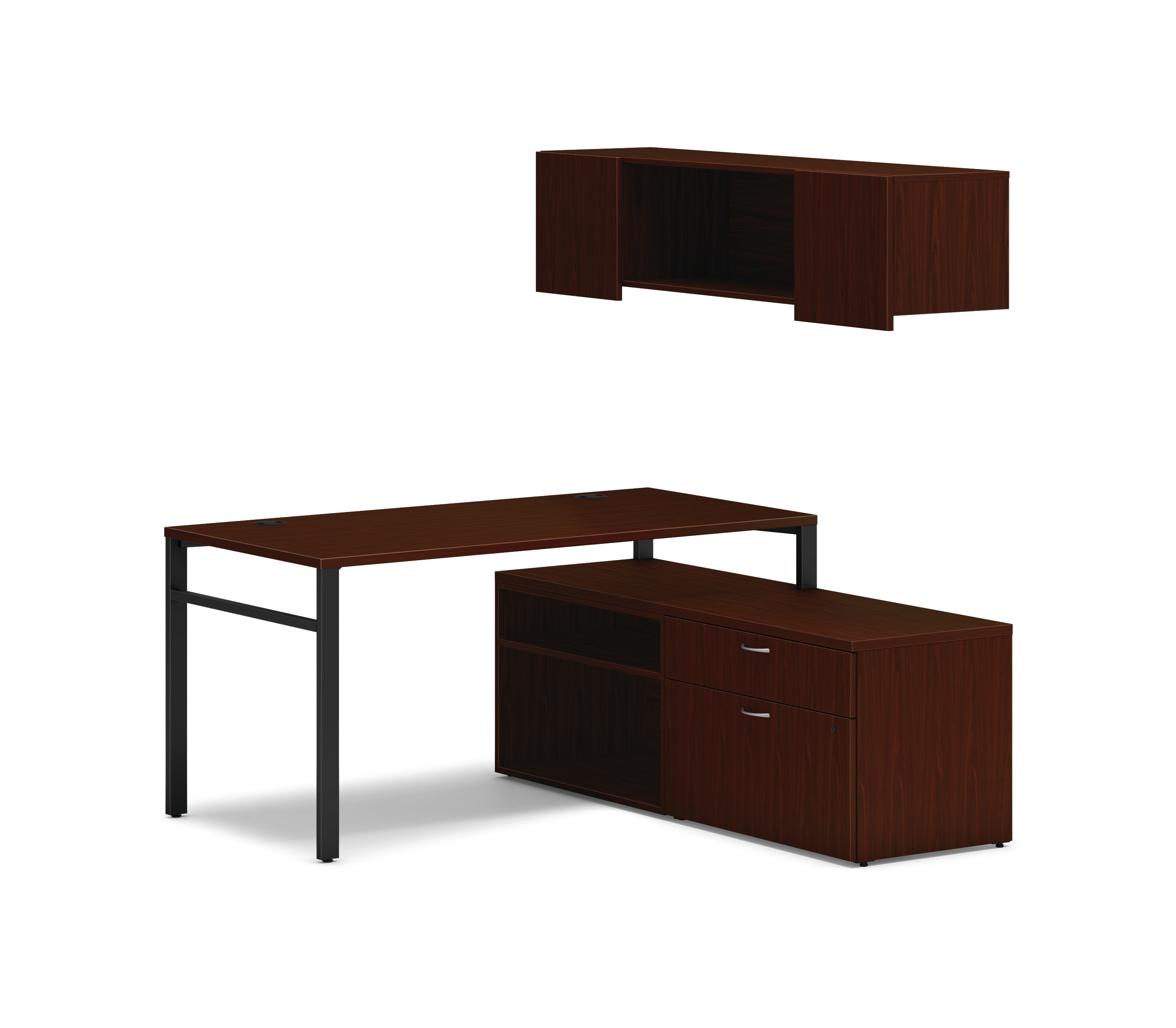 Mod l-station with storage in Traditional Mahogany and Black U-Legs