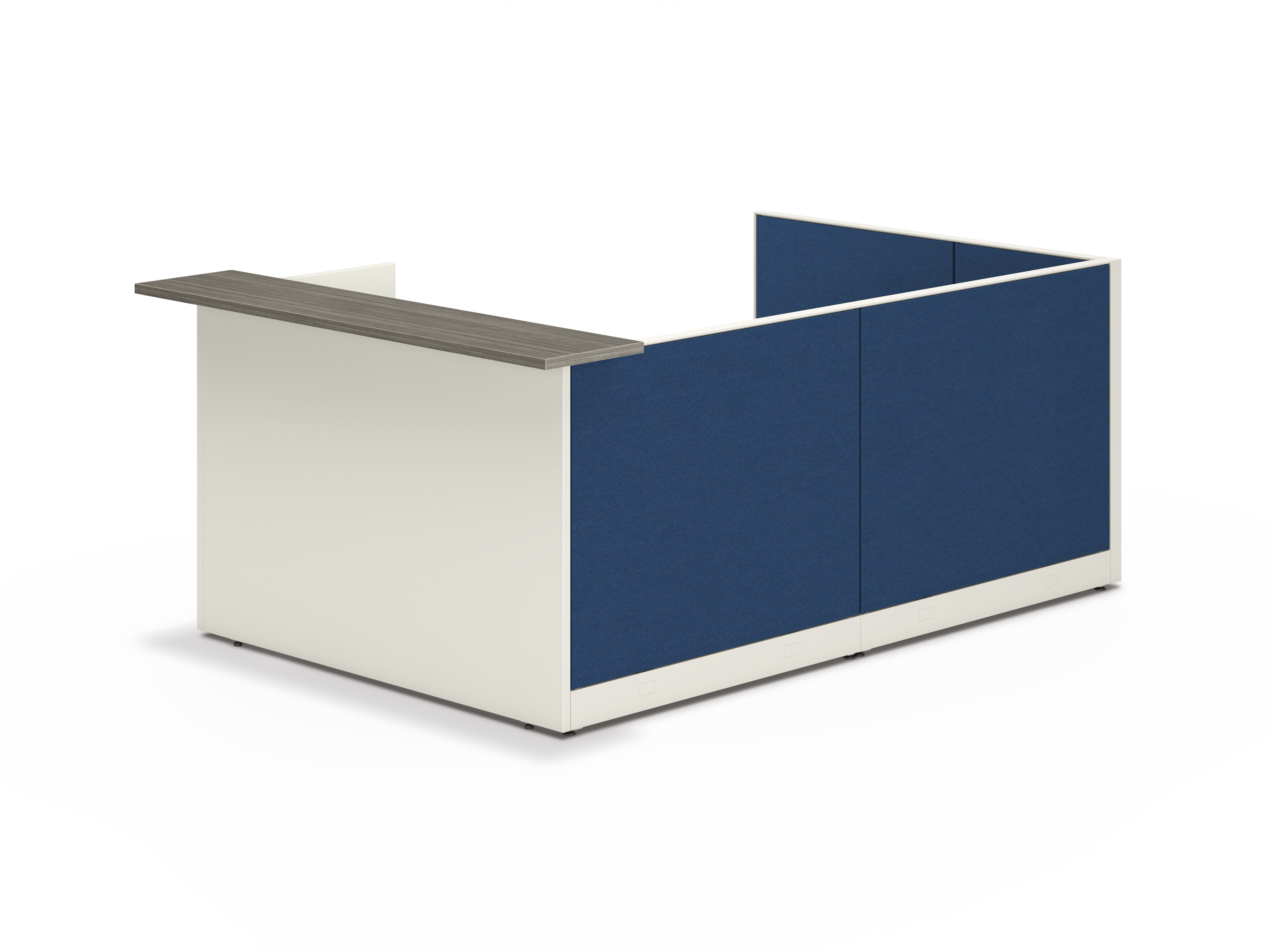 Accelerate reception station with gallery panel walkup counter and blue fabric panels