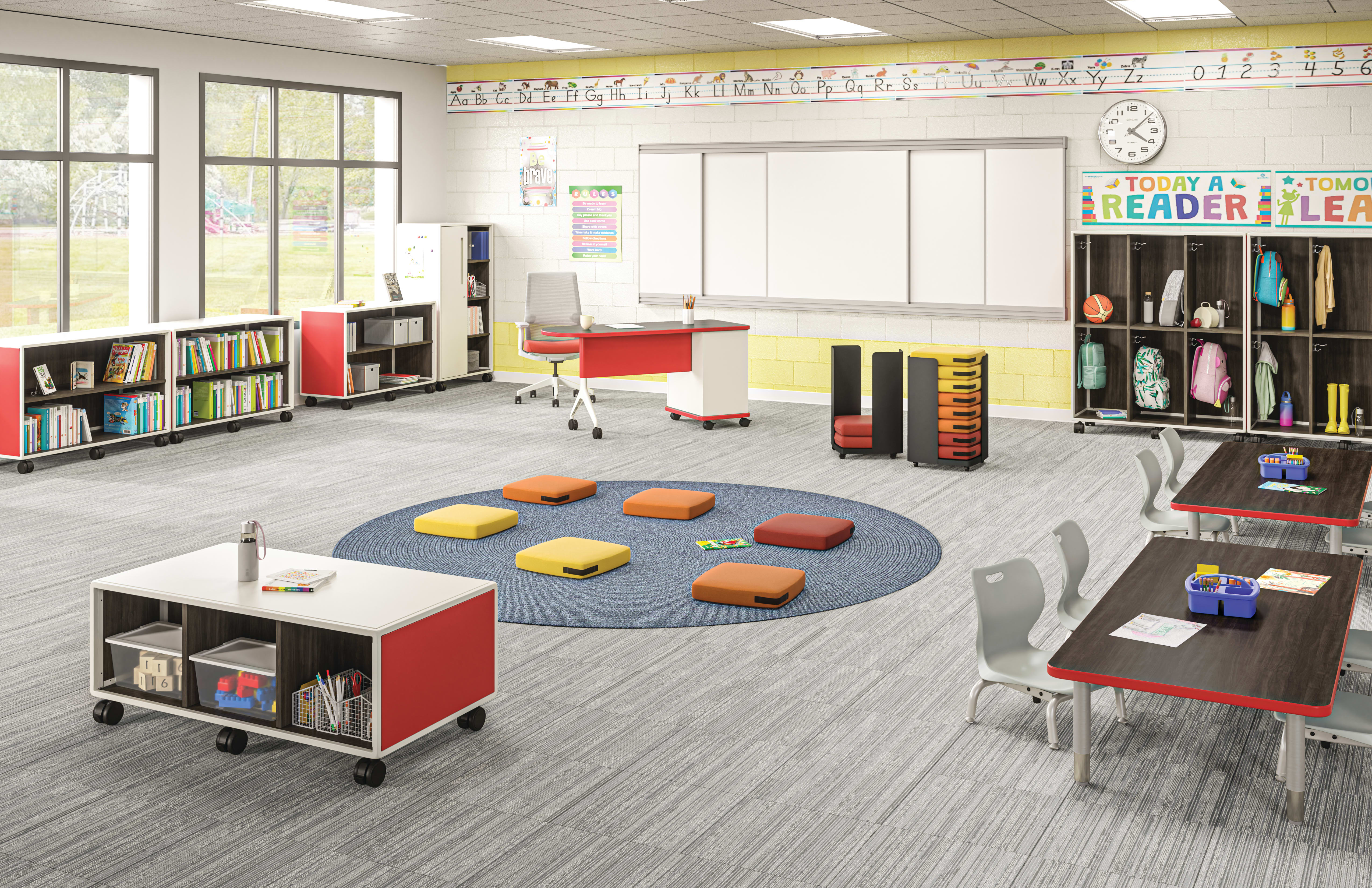 Class-ifi Storage with Confetti Floor Cushions and Storage Cart, Build Tables, Cipher Task Chair, and SmartLink Chairs, Teacher Desk, and Wall Rail System.