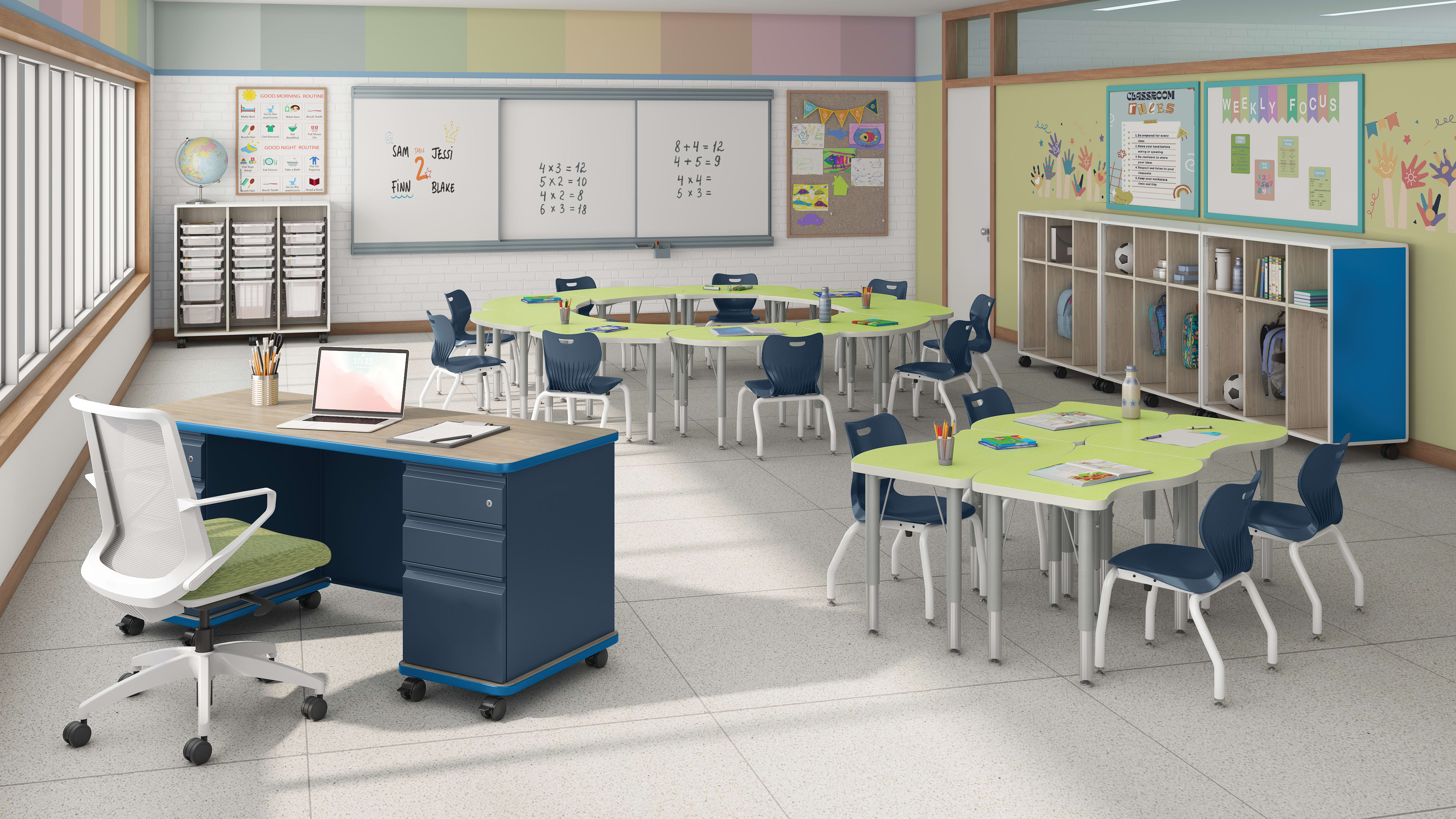 SmartLink Teacher Desk, Chairs, and Wall Rail System with Class-ifi Storage.