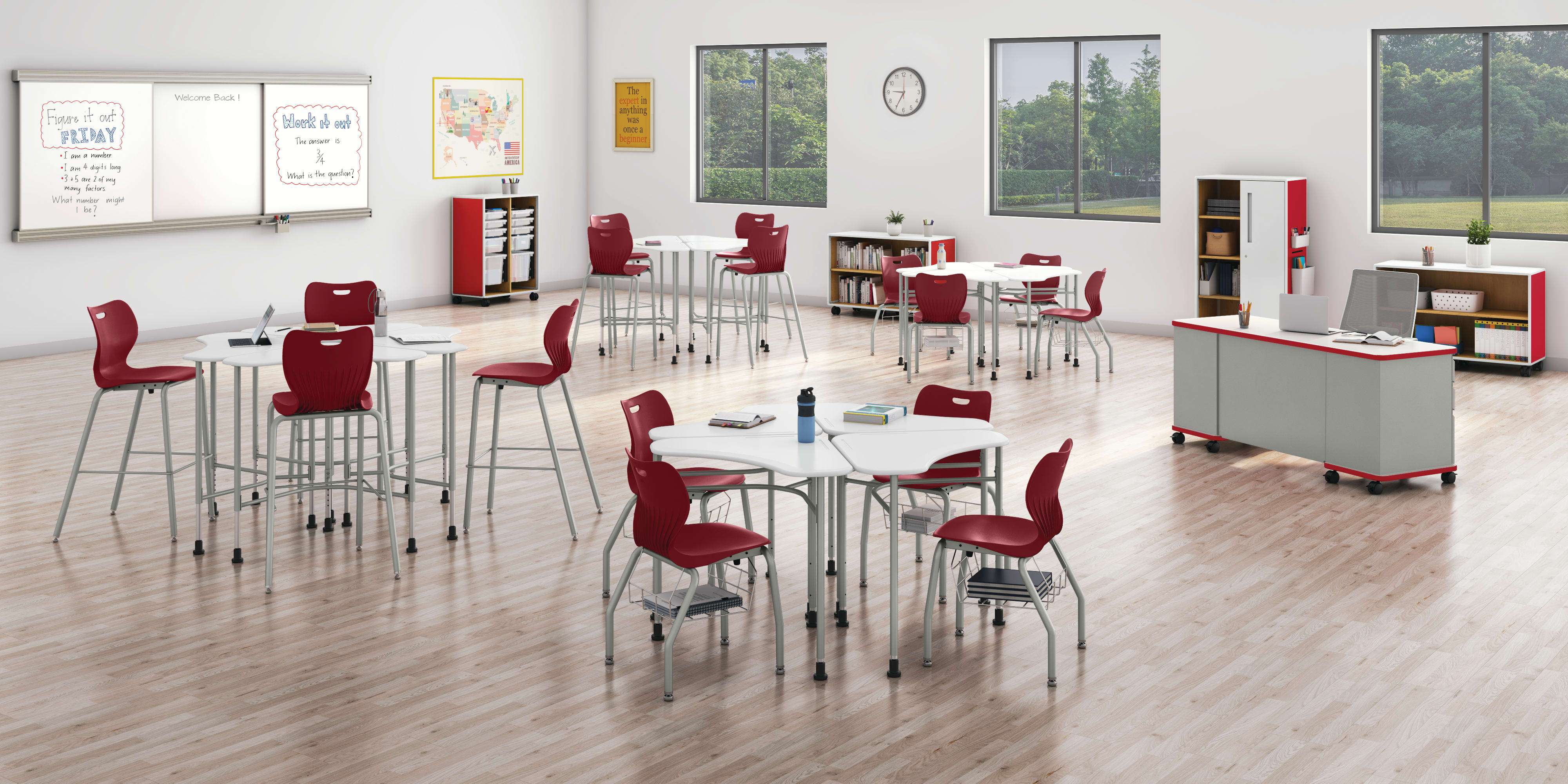SmartLink Student Desk, Teacher Desk, Chairs, Stools, and Wall Rail System with Class-ifi Storage.