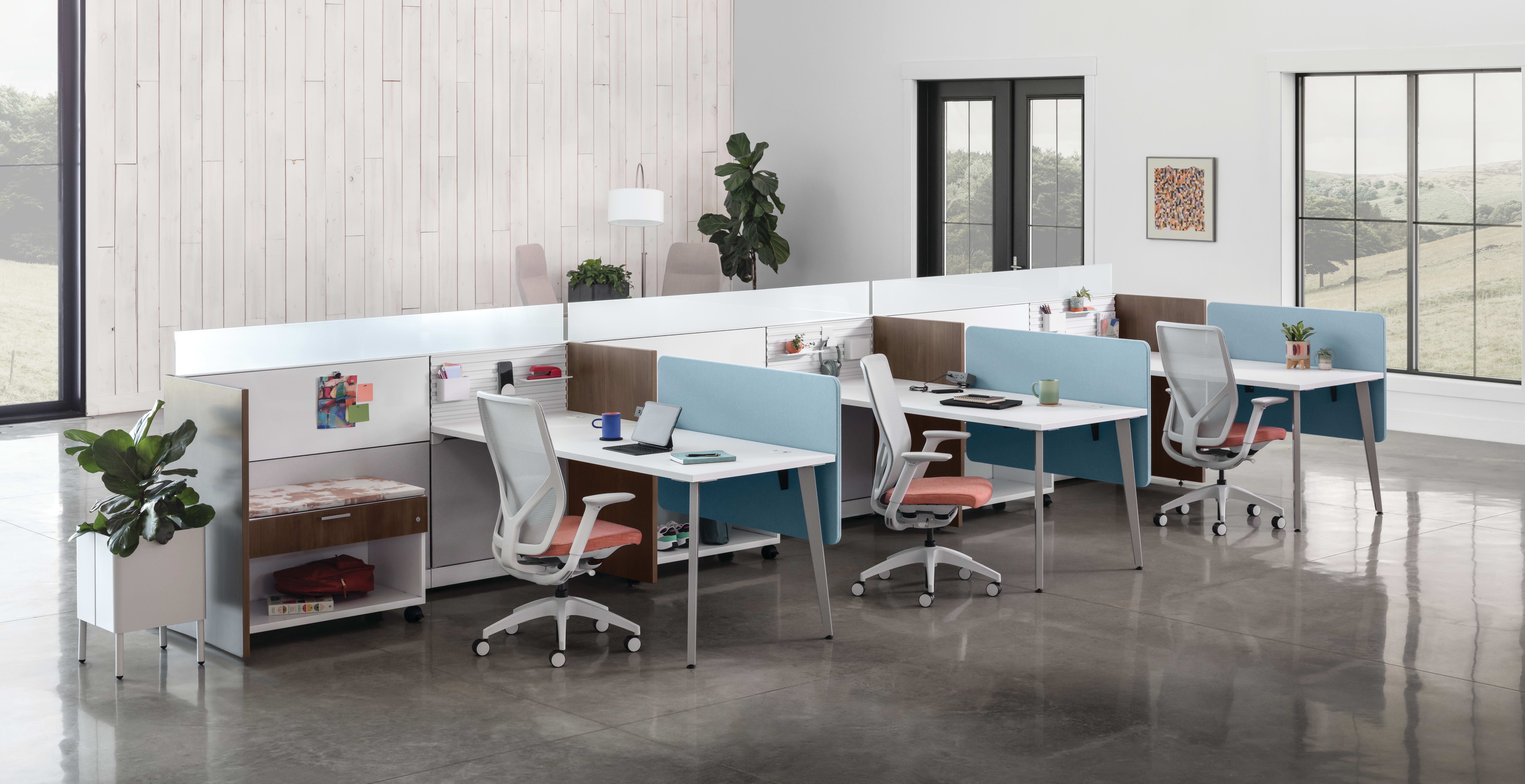 Flexion Seating with Abound Workstations, Contain Mobile Credenzas, Sculpt planters, West Hill and Mav Collaborative Seating