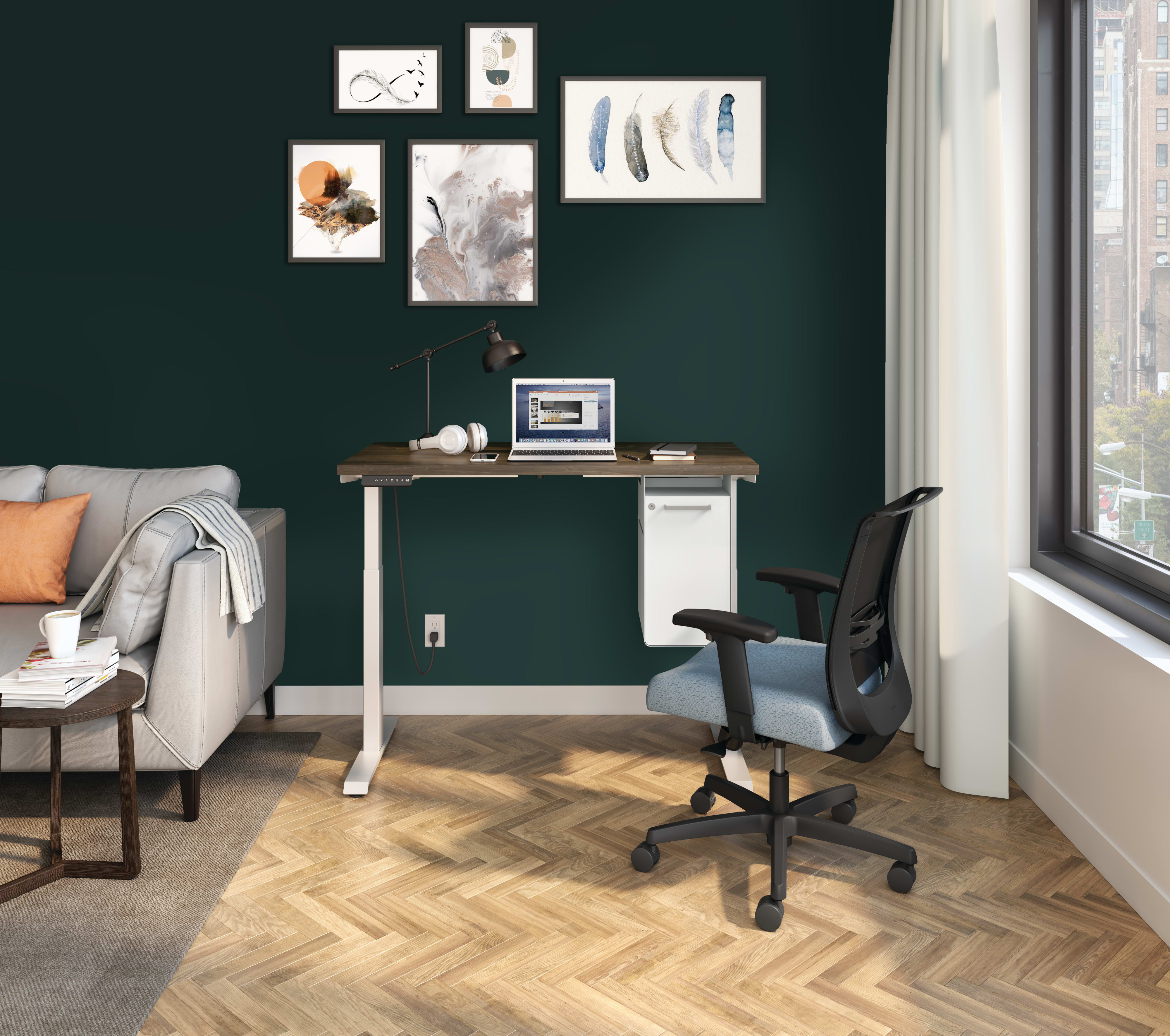 Coordinate Height Adjustable Base with Coze Worksurface and Fuse Undermount Storage and Convergence Task Chair.