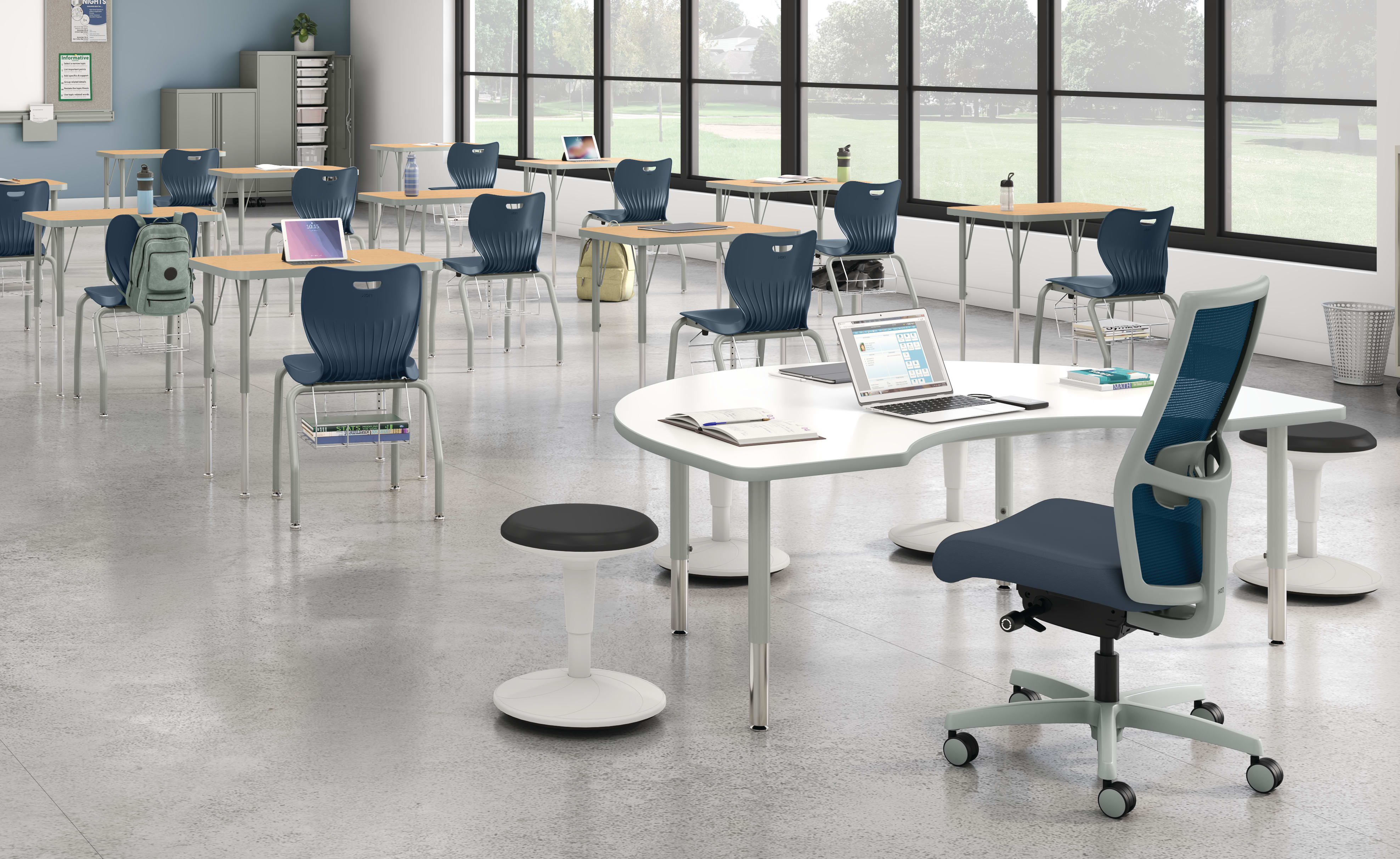 Classroom set up with Ignition 2.0 task chair with Spectrum Mesh, Build student desk and SmartLink Mobile Cabinet Storage