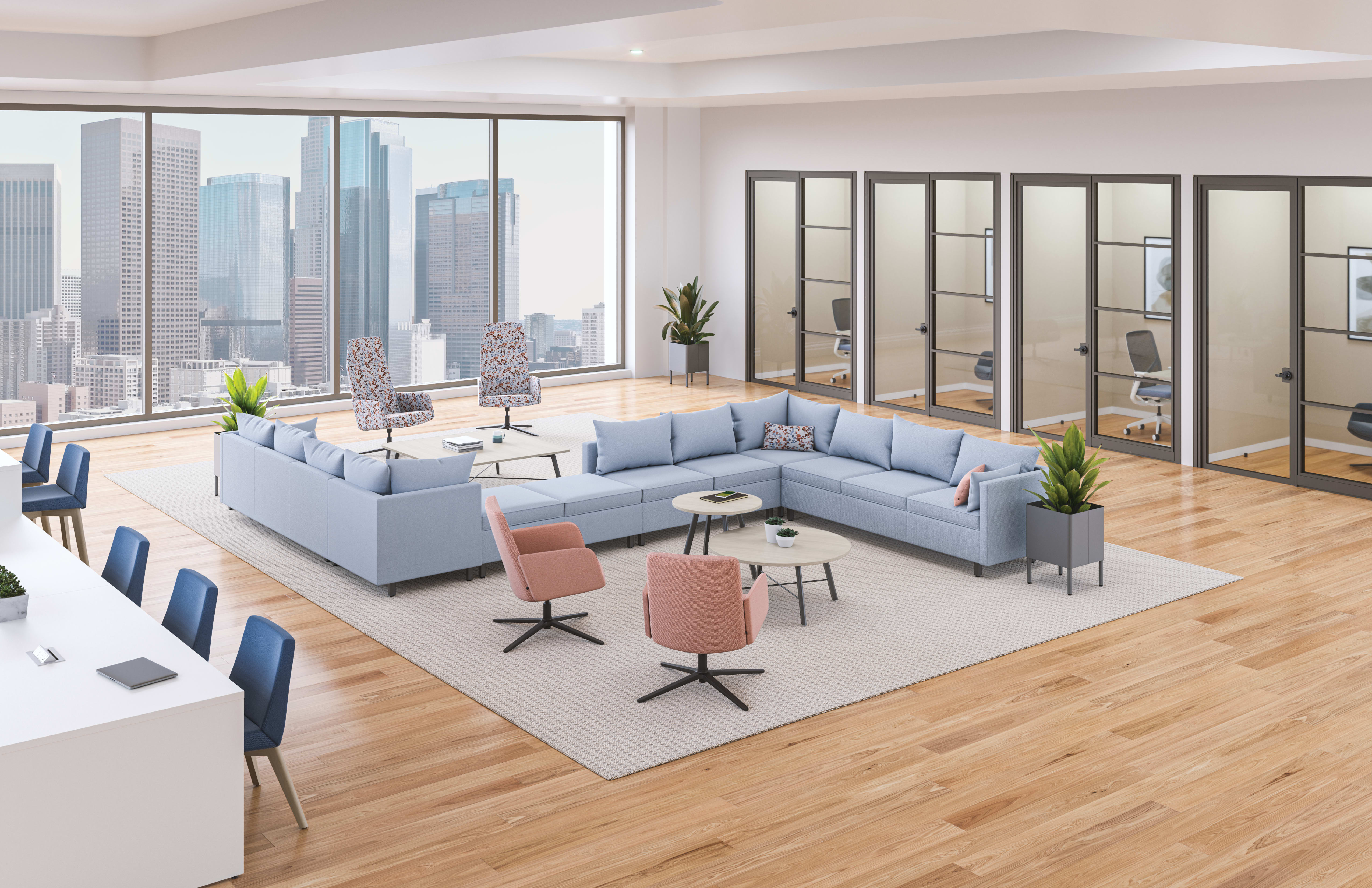 West Hill lounge with Mav low and high back chairs and Scramble tables and Preside table with Flock chairs.