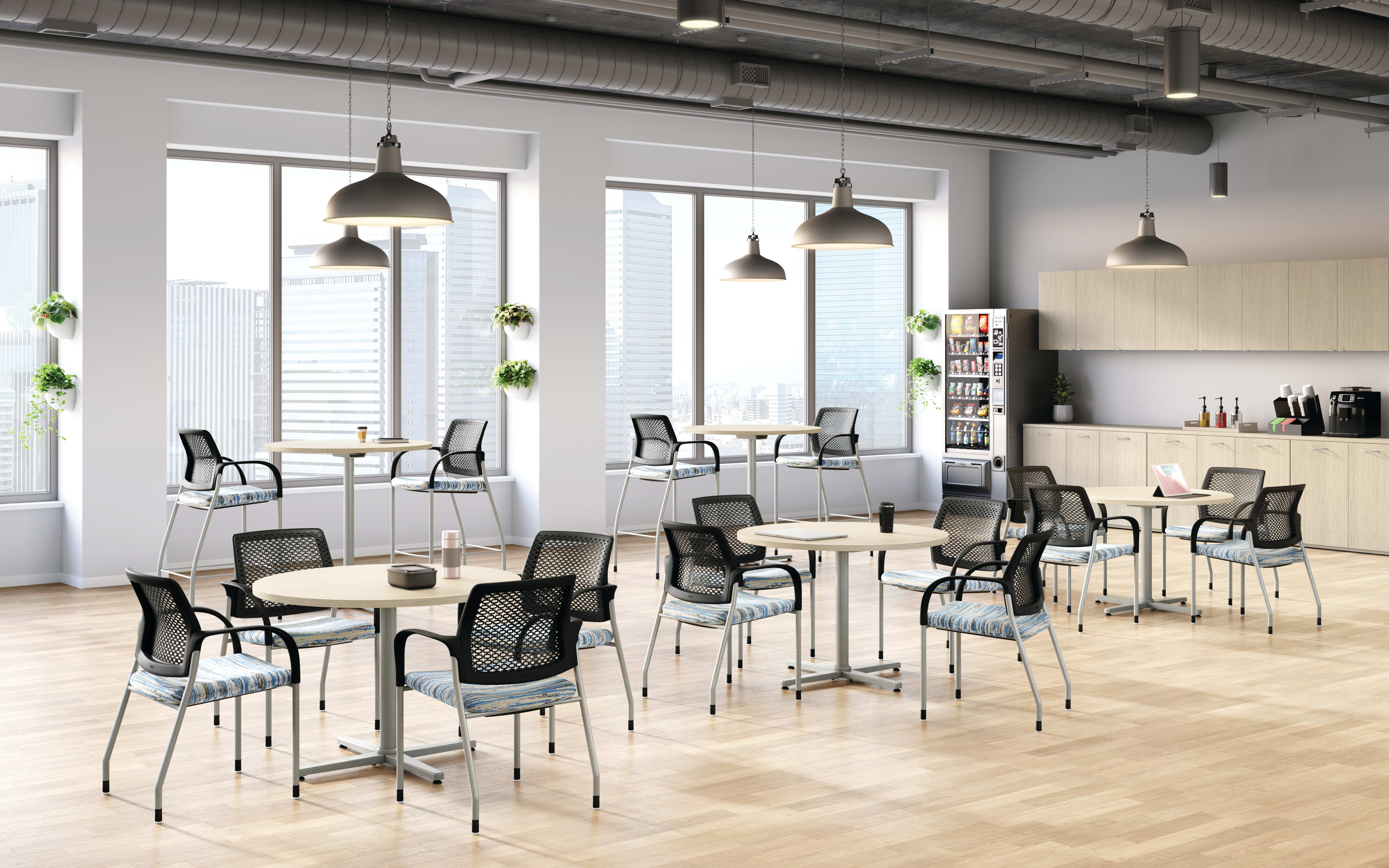 Healthcare café setting with seated and high top tables and multipurpose Ignition chairs