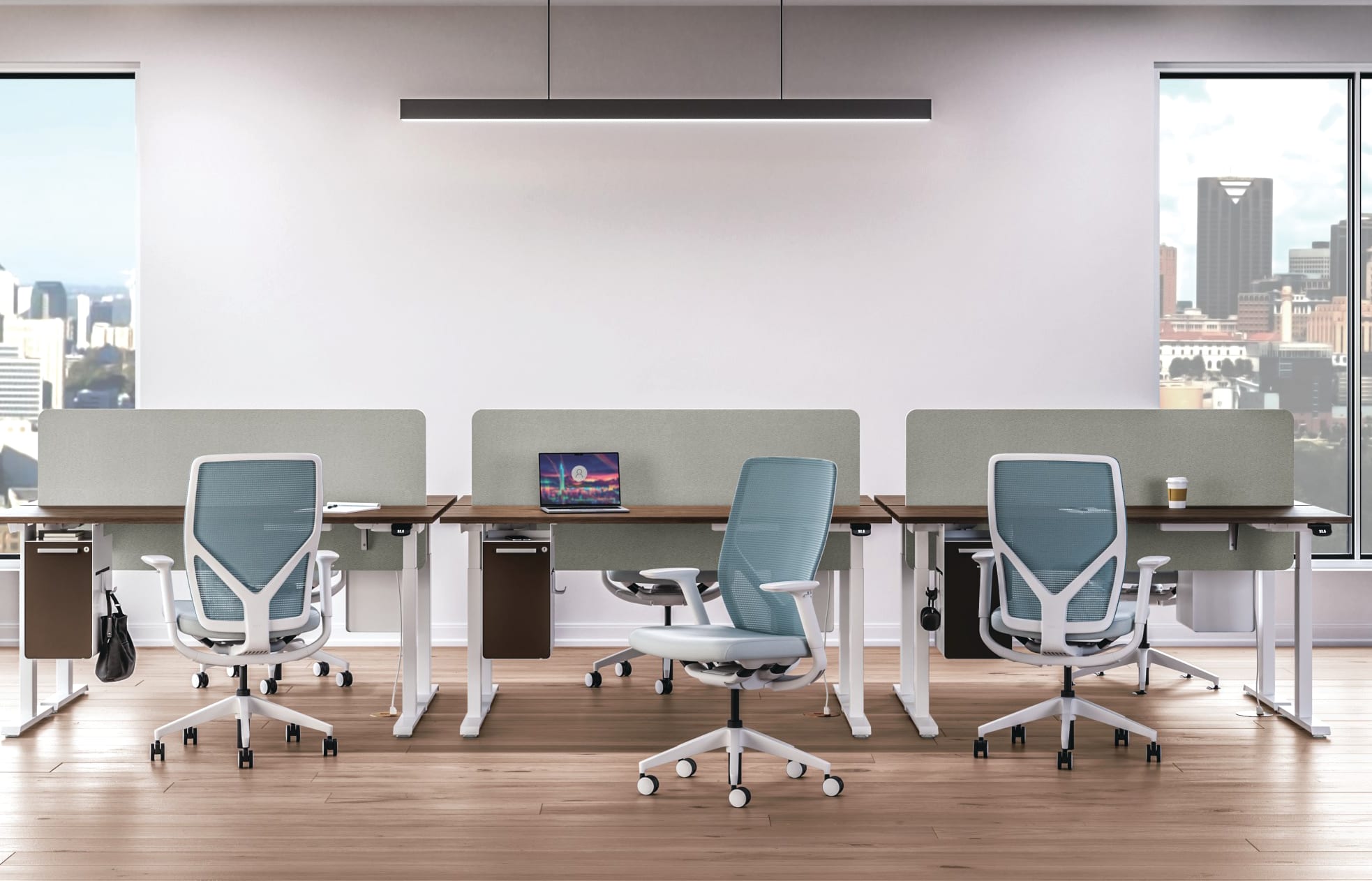 Row of 2 height adjustable workstations with Flexion task seating.