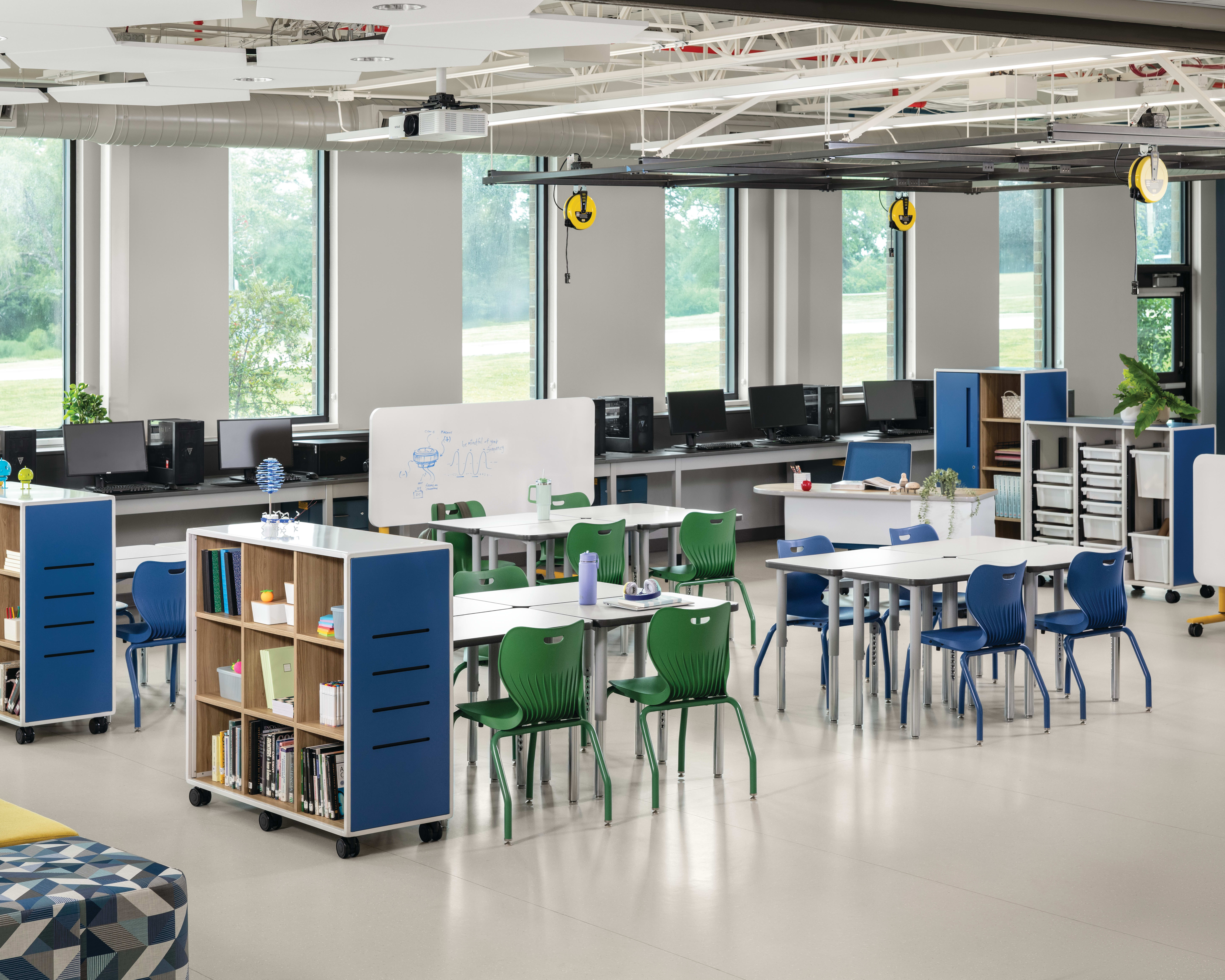 Makerspace classroom with blue and green Smartlink chairs and blue Class-ifi storage solutions.