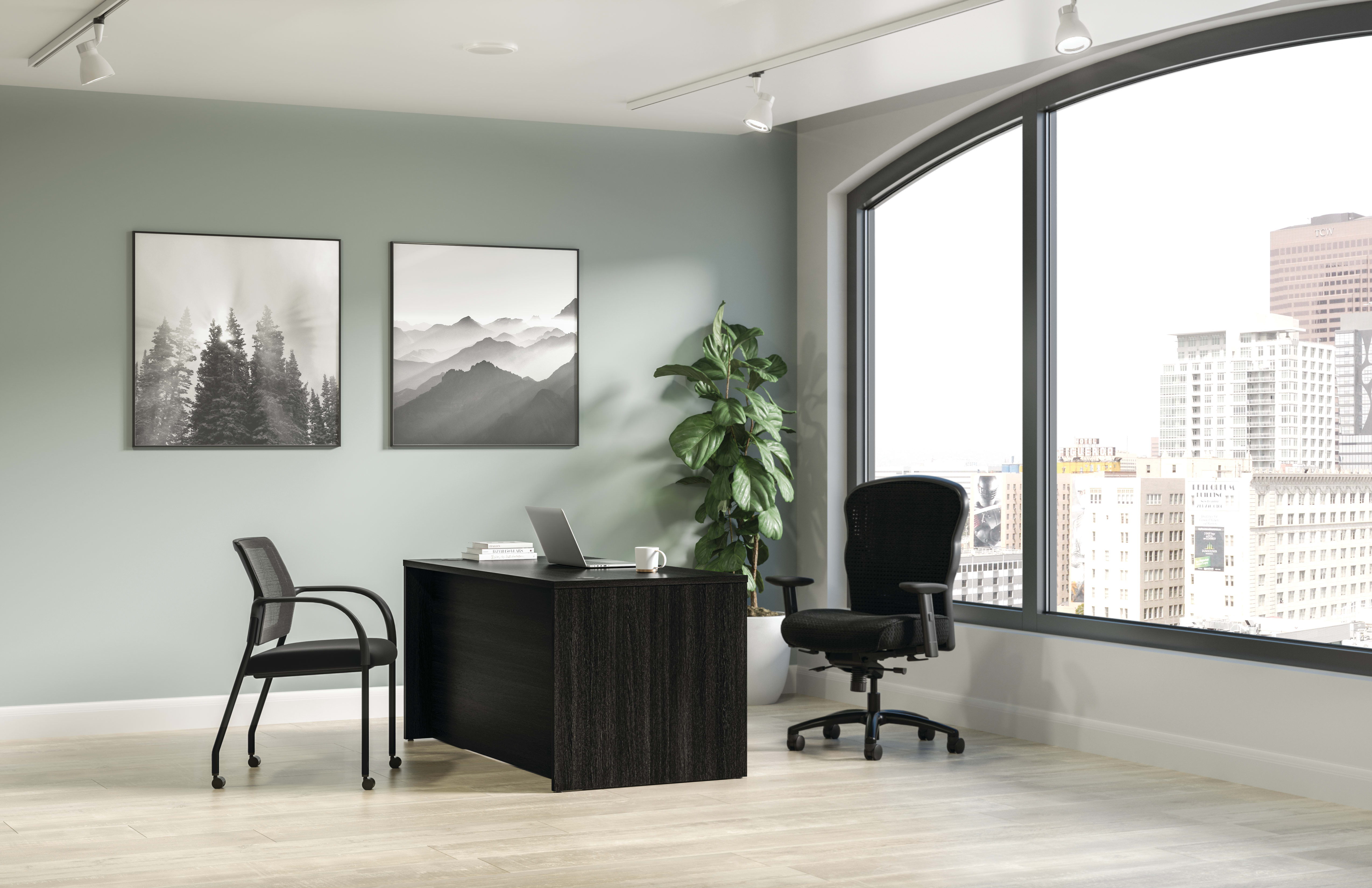 Mod desk in Java Oak with Wave big & tall chair and Ignition seating