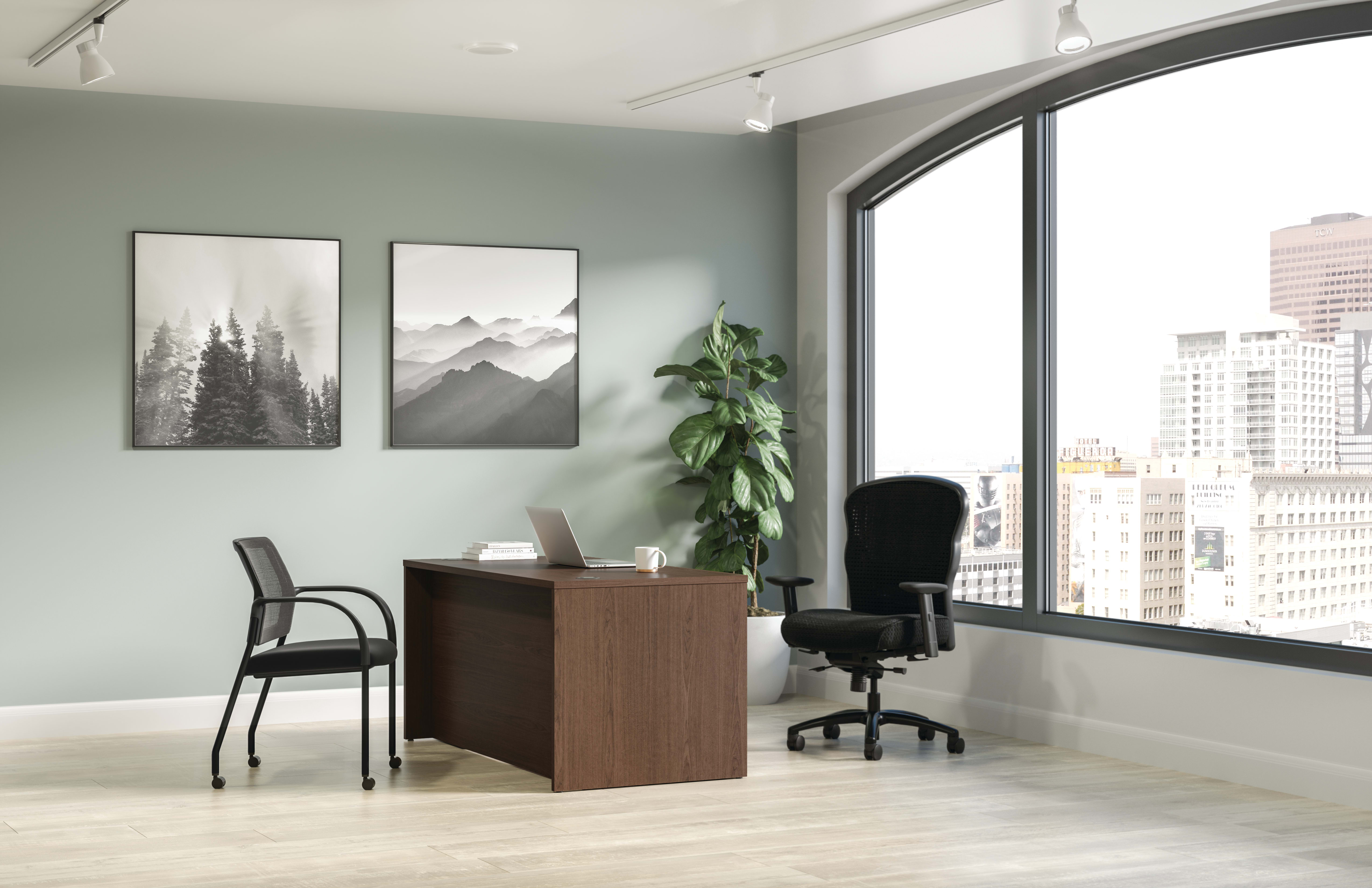 Mod desk in Sepia Walnut with Wave big & tall chair and Ignition seating