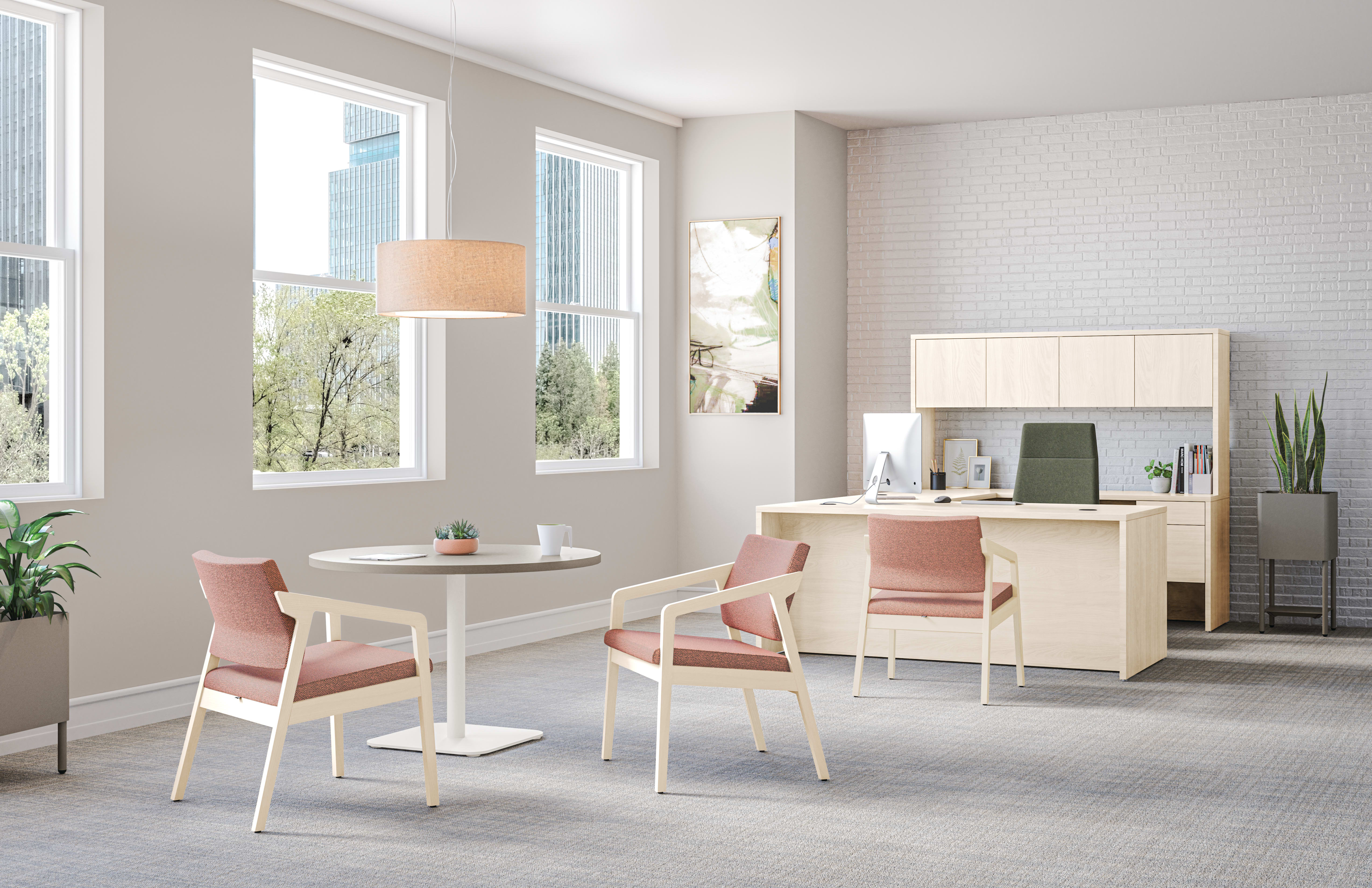 Confer guest chairs with Birk Round Top with Knife Edge and working lounge-height single pedestal.