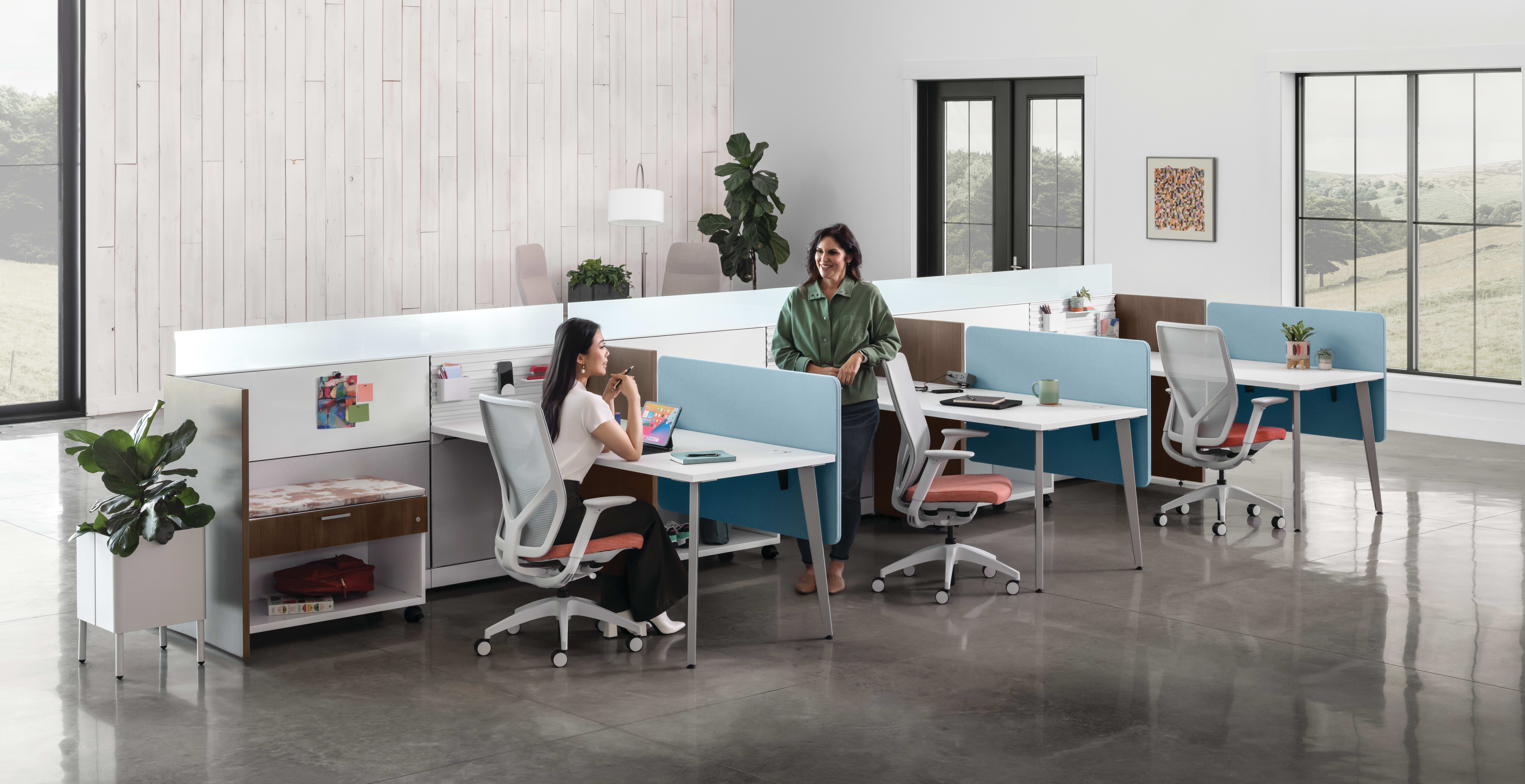 Flexion Seating with Abound Workstations, Contain Mobile Credenzas, Sculpt planters, West Hill and Mav Collaborative Seating